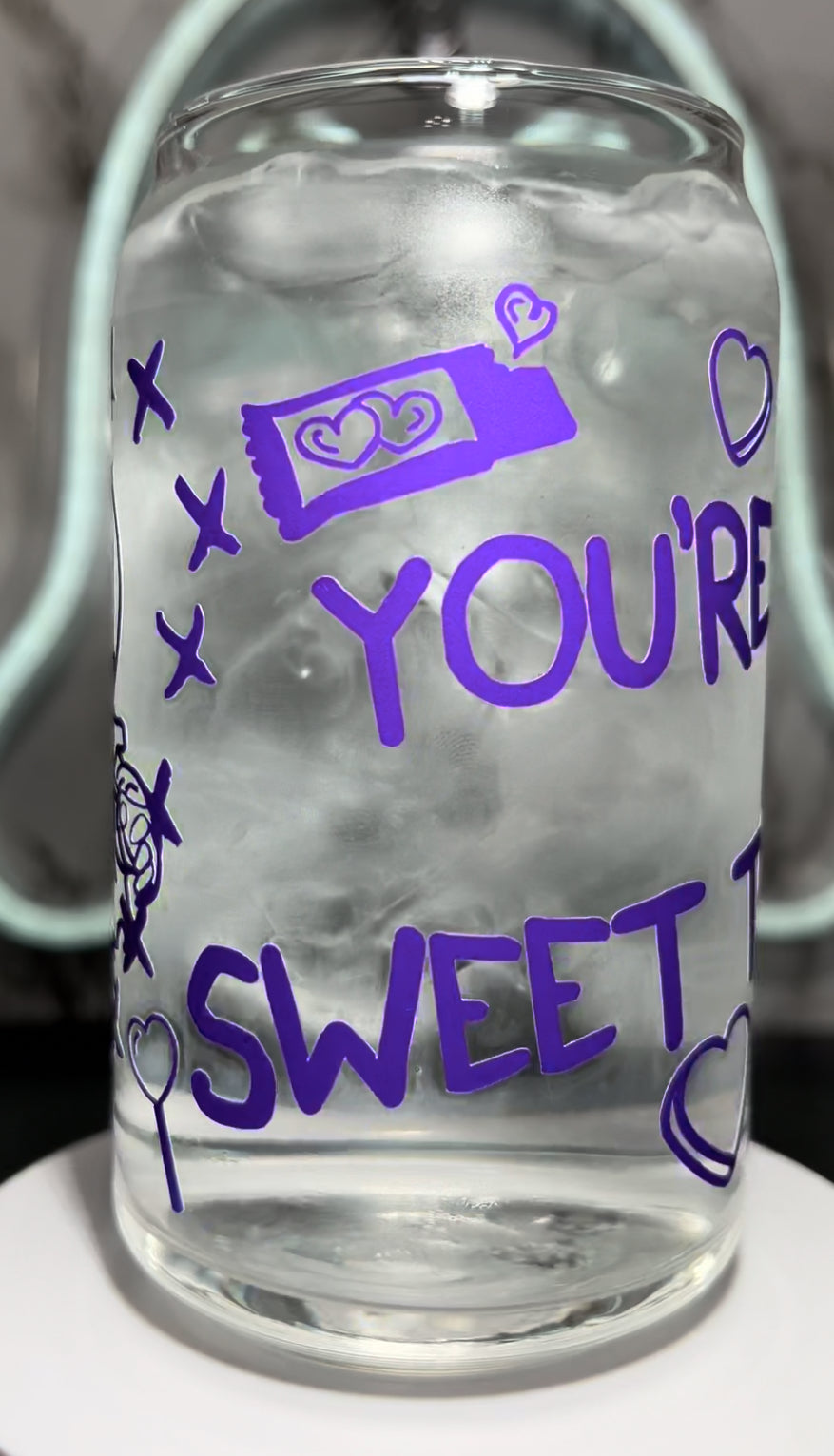 Valentine’s Day Sam Trick R Treat color changing permanent vinyl on a libbey beer can glass