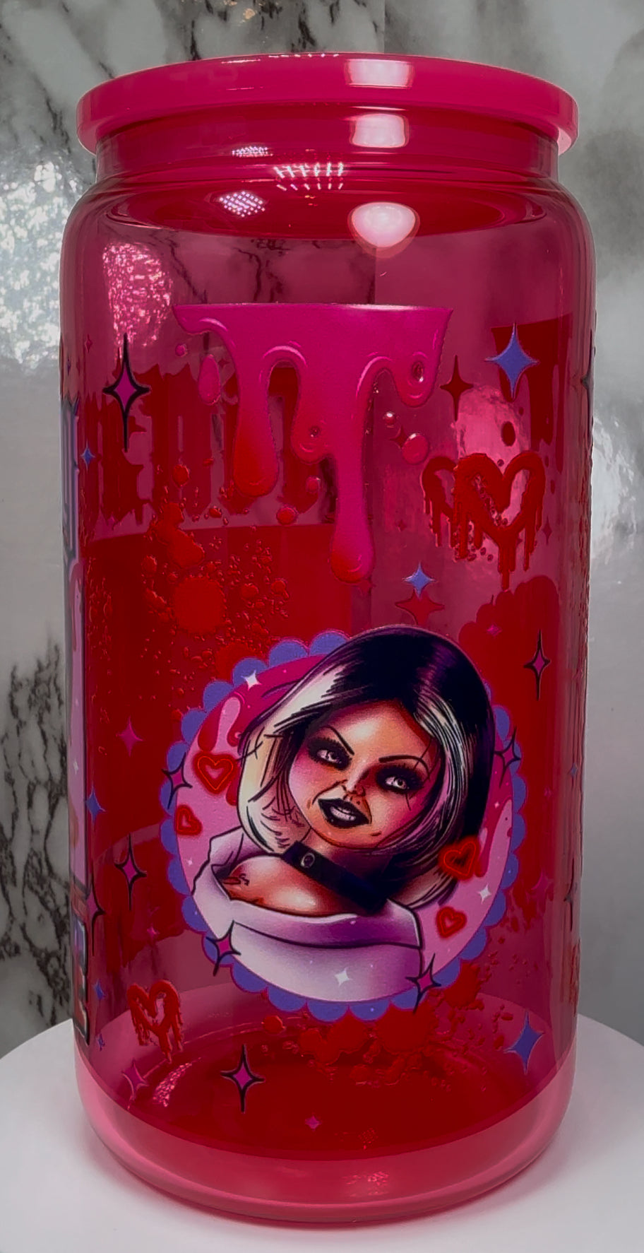 Tiffany Valentine UVDTF on a hot pink beer can glass