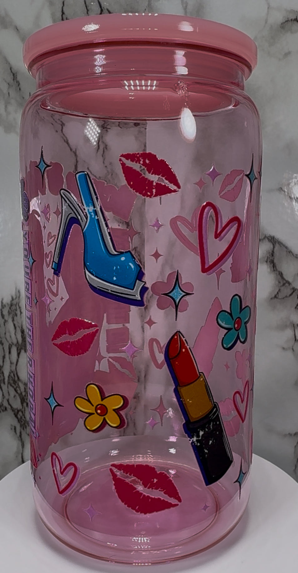 Romy and Michele's High School Reunion UVDTF on a PLASTIC pink beer can cup