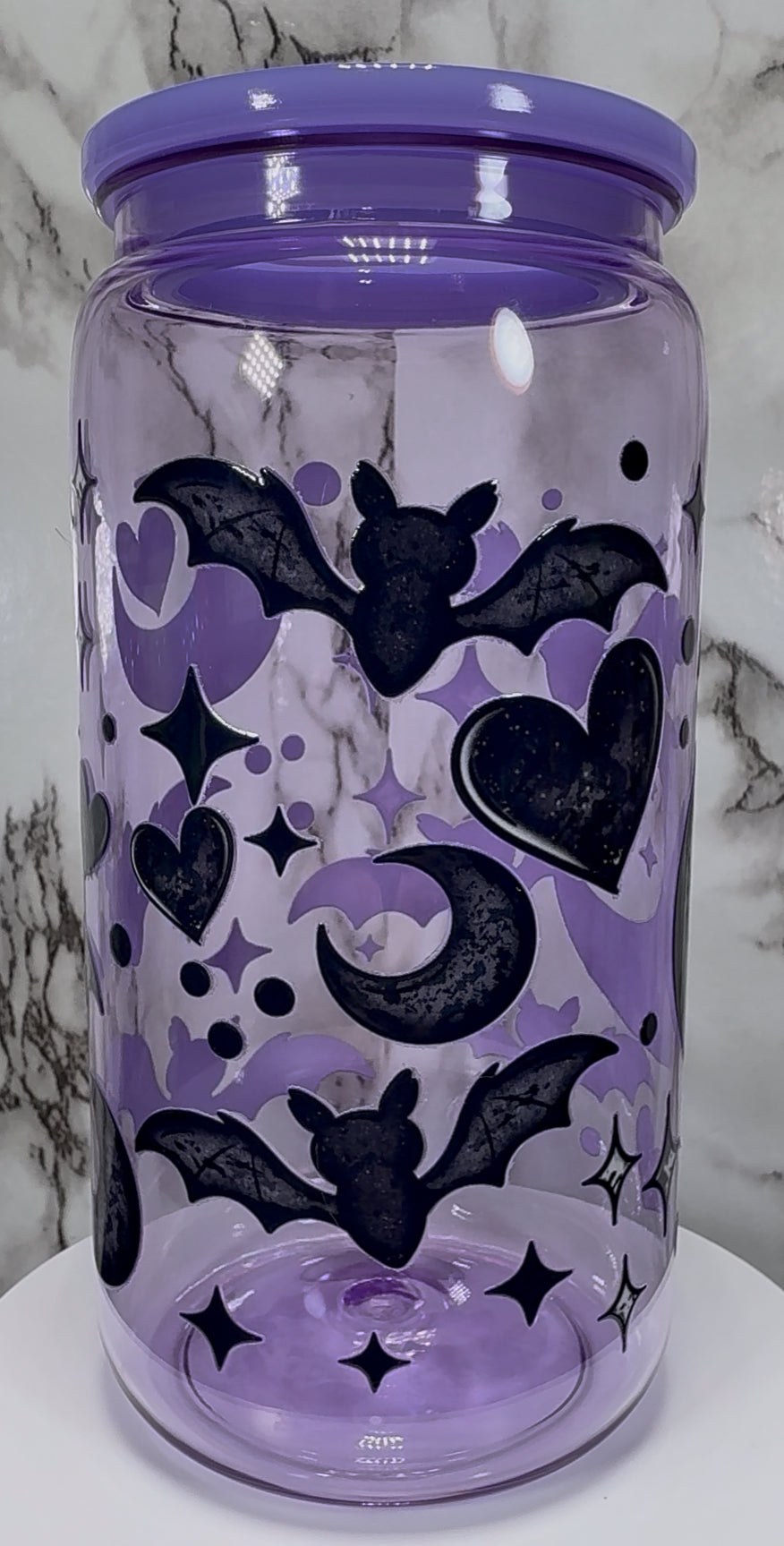Bats, Moon and Hearts UVDTF on a PLASTIC purple beer can cup