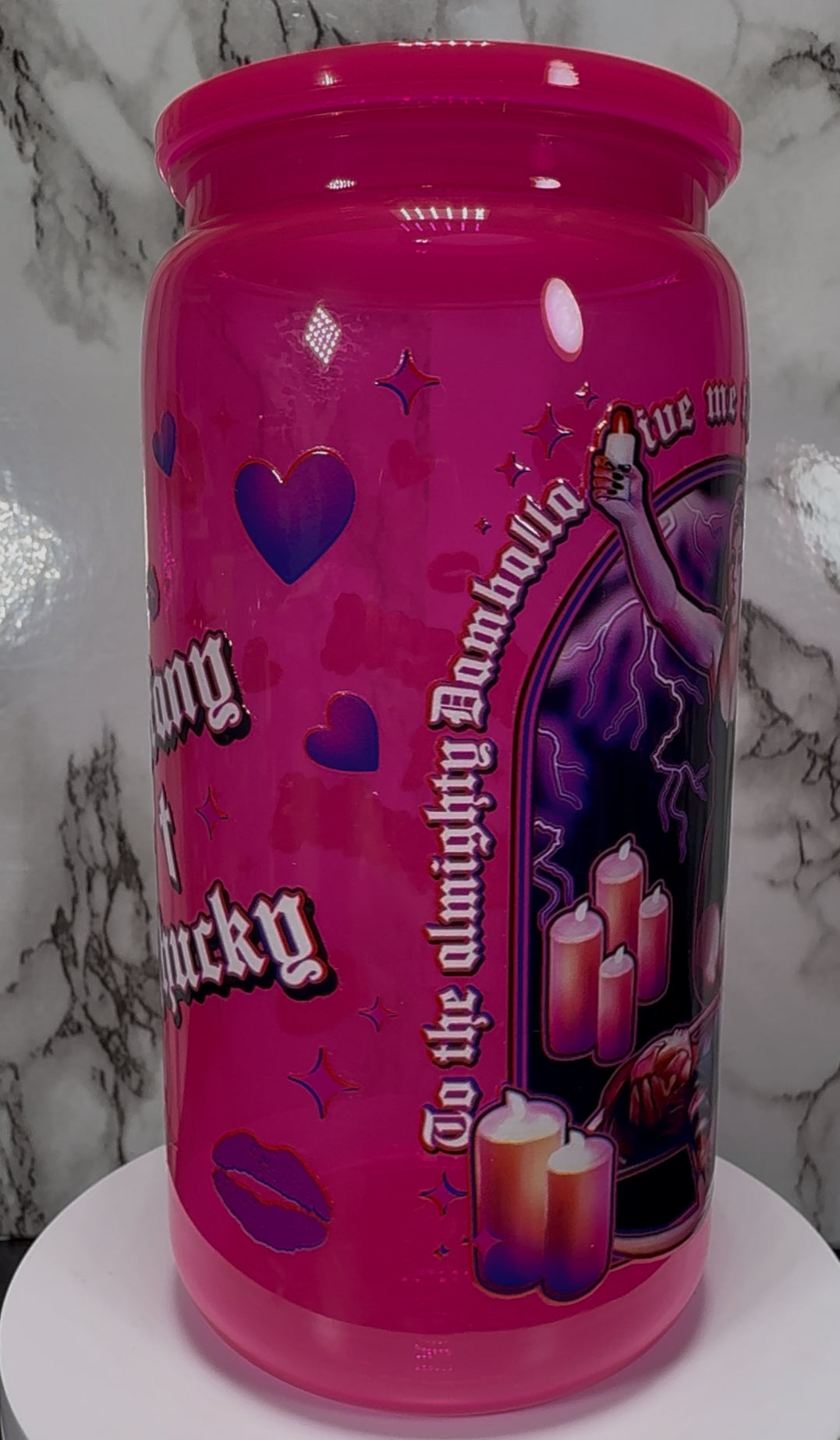 Tiffany Valentine UVDTF on a hot pink PLASTIC beer can cup