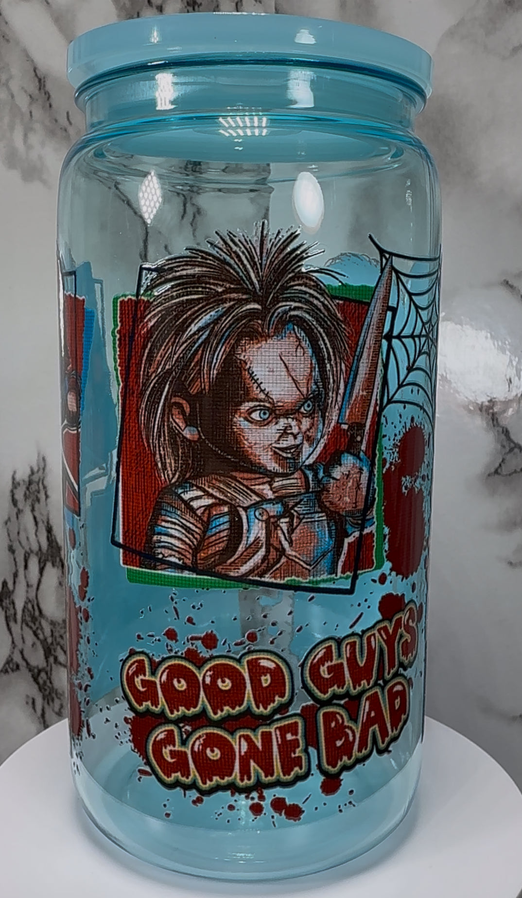 Chucky UVDTF on a blue PLASTIC beer can cup
