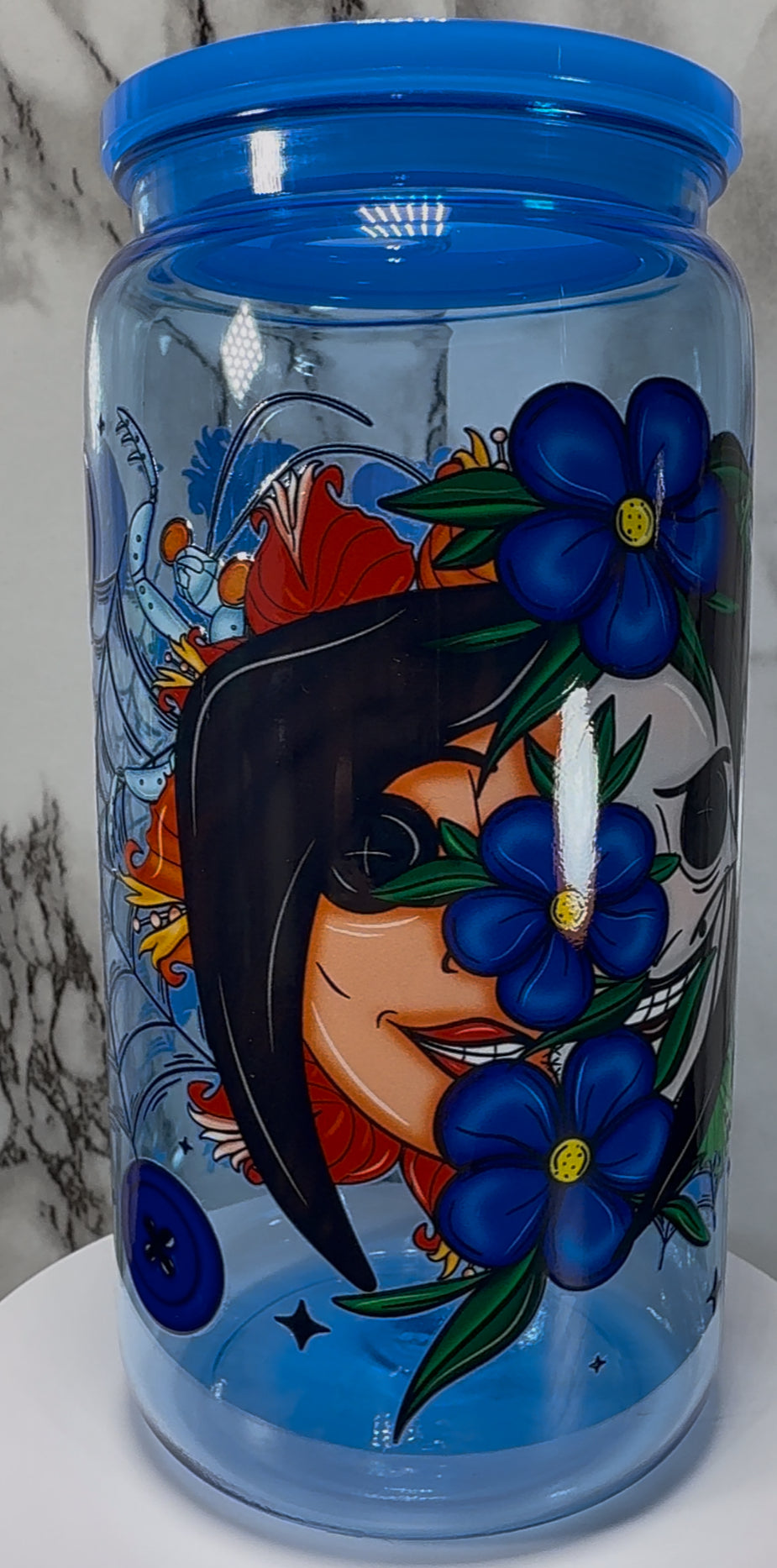 Coraline Other Mother UVDTF on a blue PLASTIC beer can cup