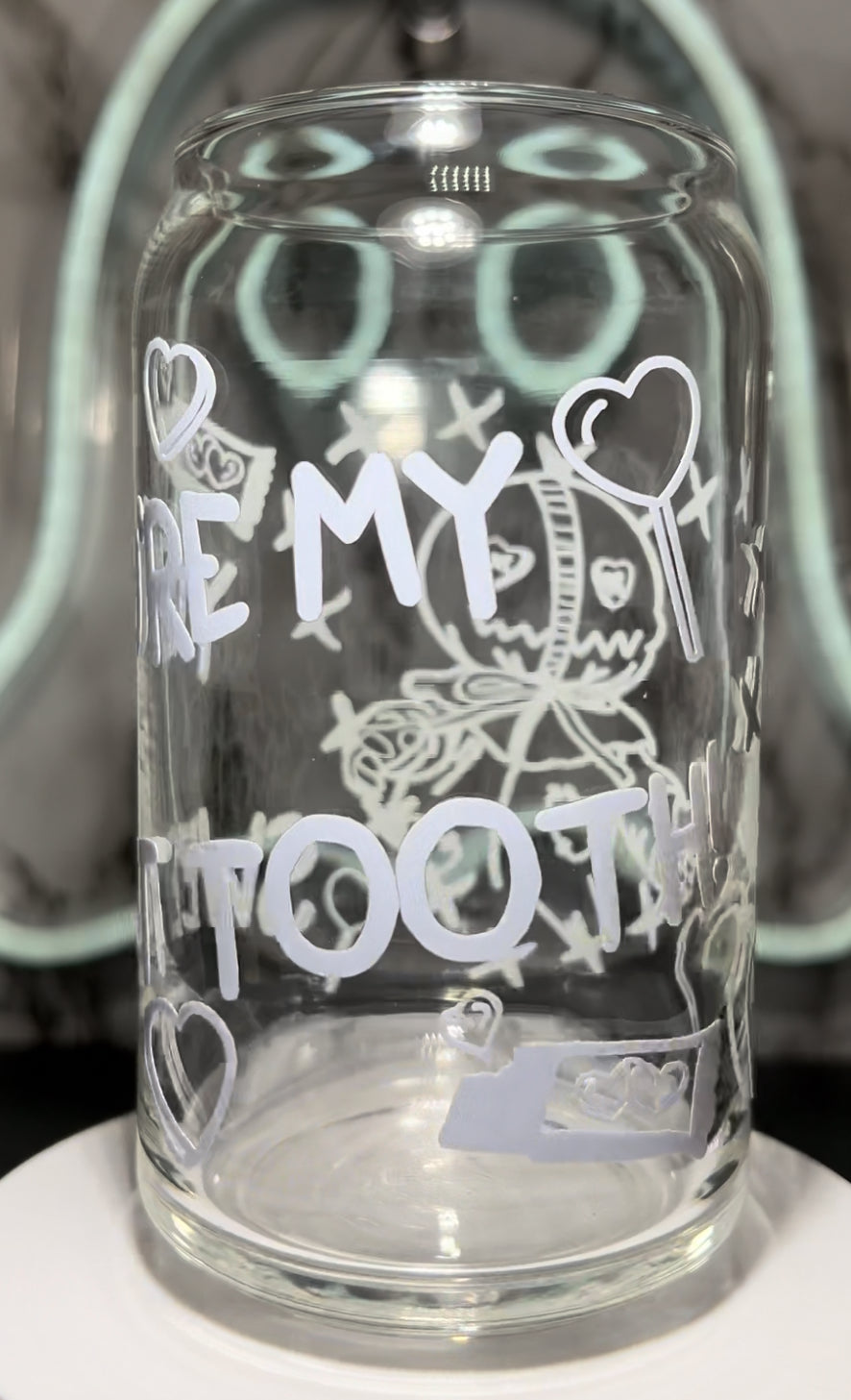 Valentine’s Day Sam Trick R Treat color changing permanent vinyl on a libbey beer can glass