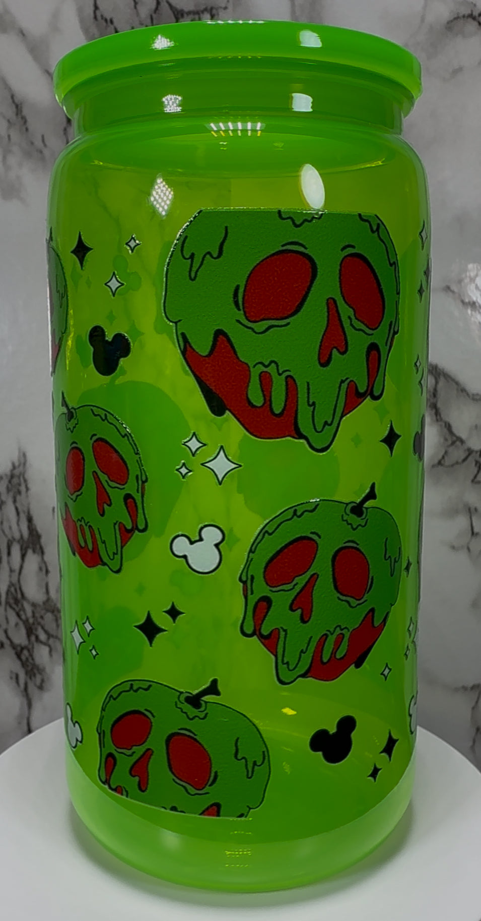 Snow White’s Poison Apple UVDTF on a bright green PLASTIC beer can cup