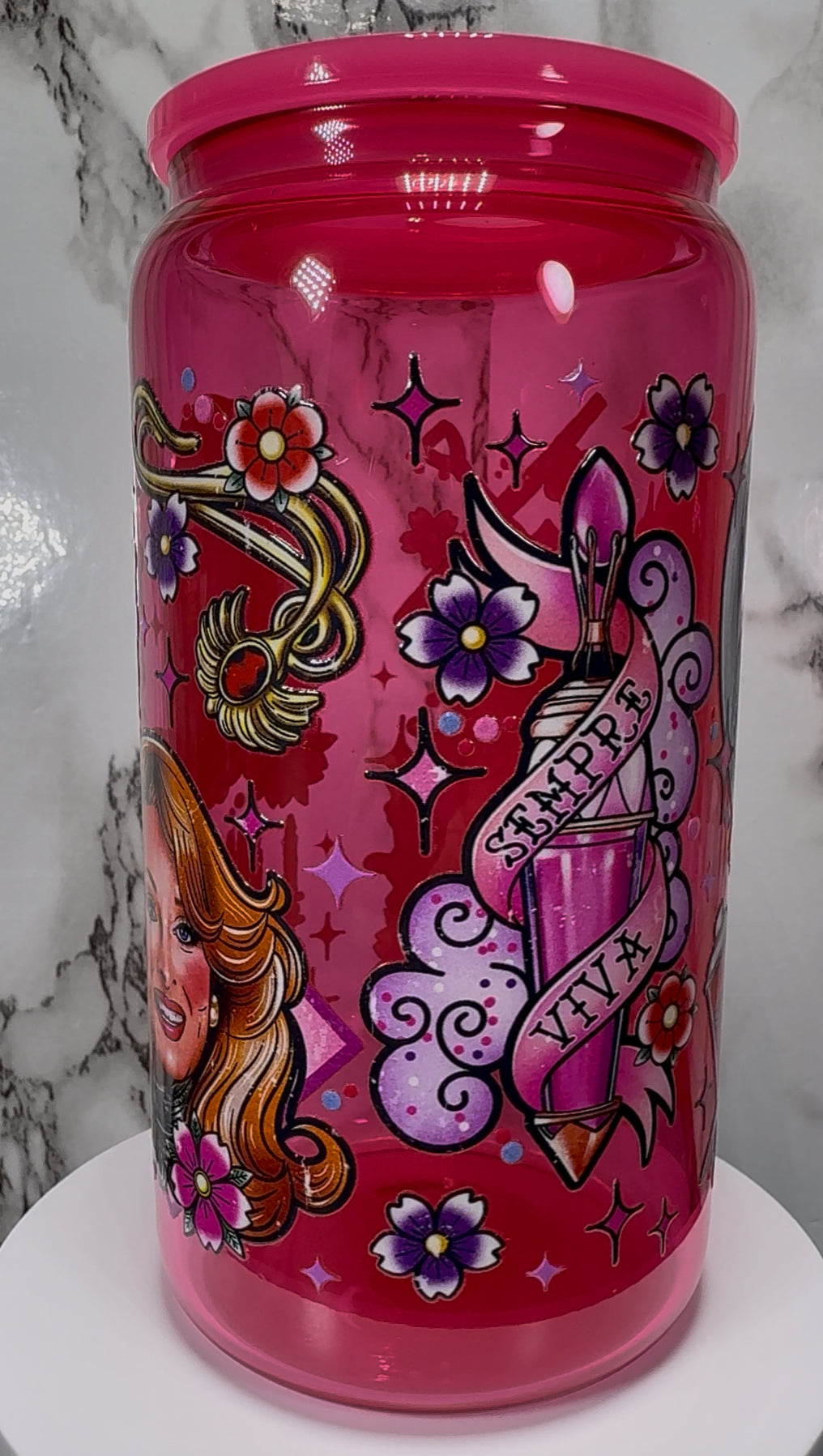 Death Becomes Her UVDTF on a hot pink beer can glass