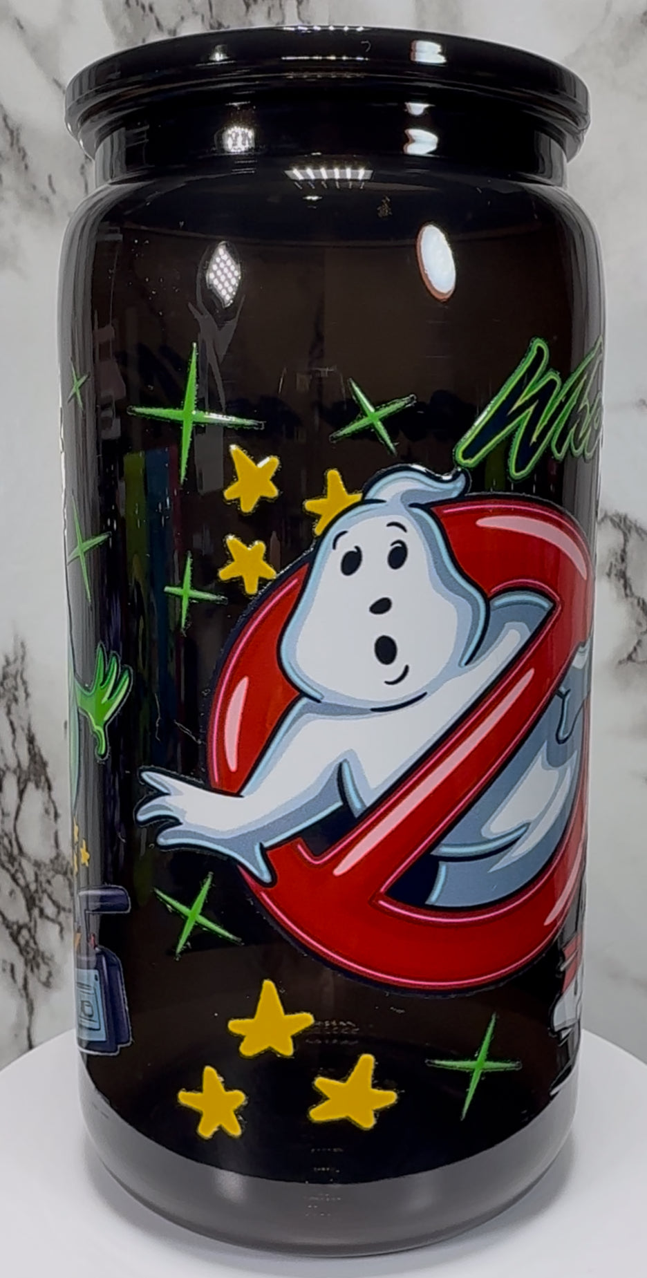Ghostbusters No-Ghost, Slimer and Stay Puft Marshmallow Man UVDTF on a black PLASTIC beer can cup