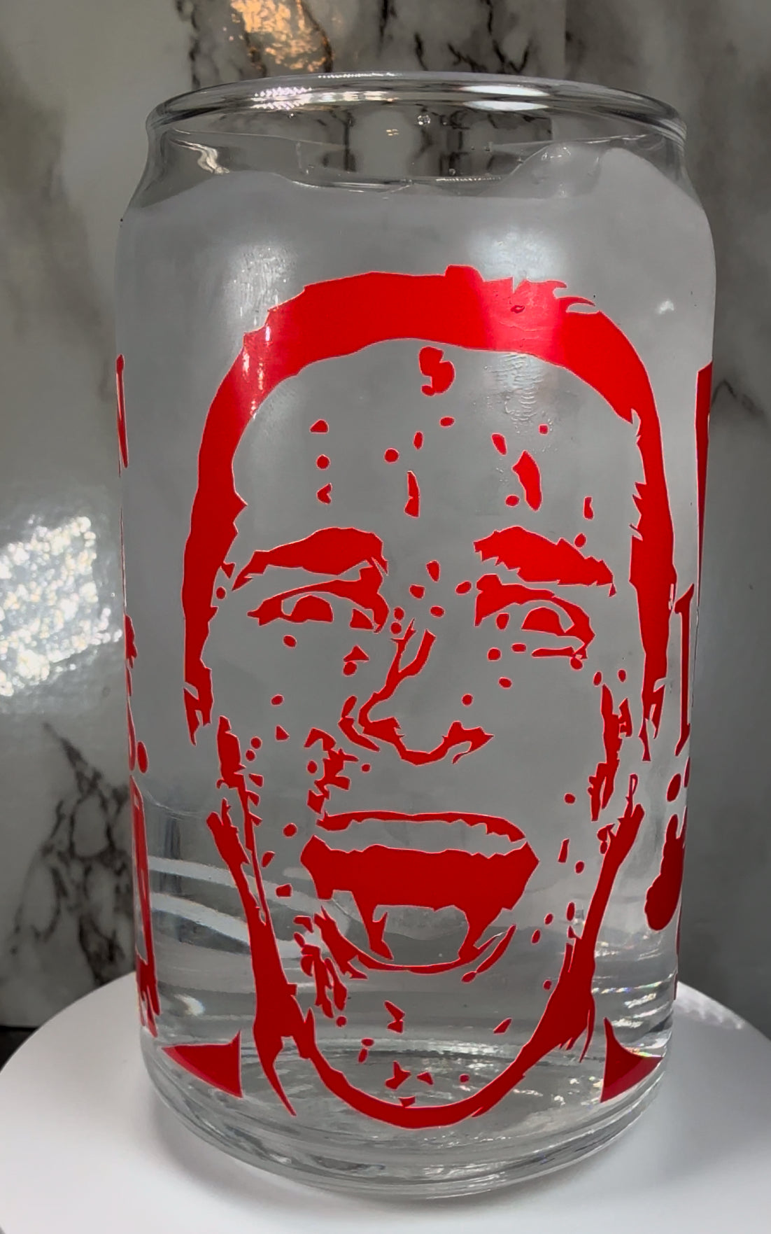 American Psycho color changing red permanent vinyl on libbey beer can glass