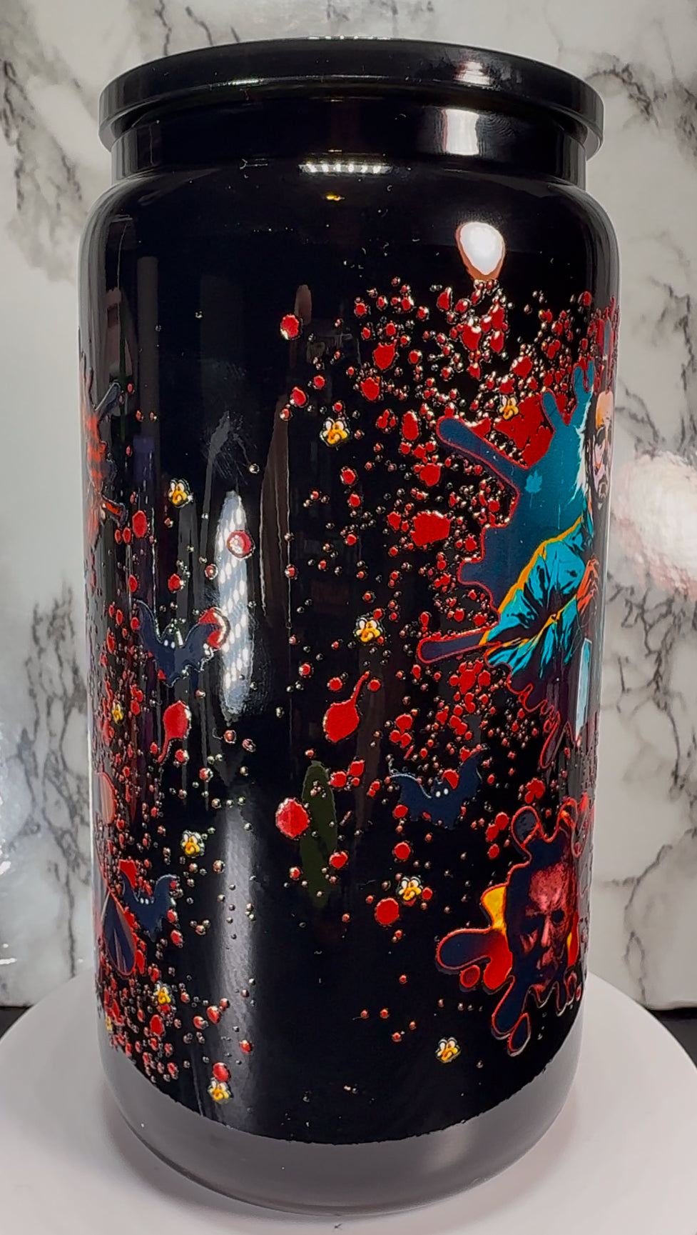 Michael Myers Horror Movies and chill UVDTF on a black beer can glass