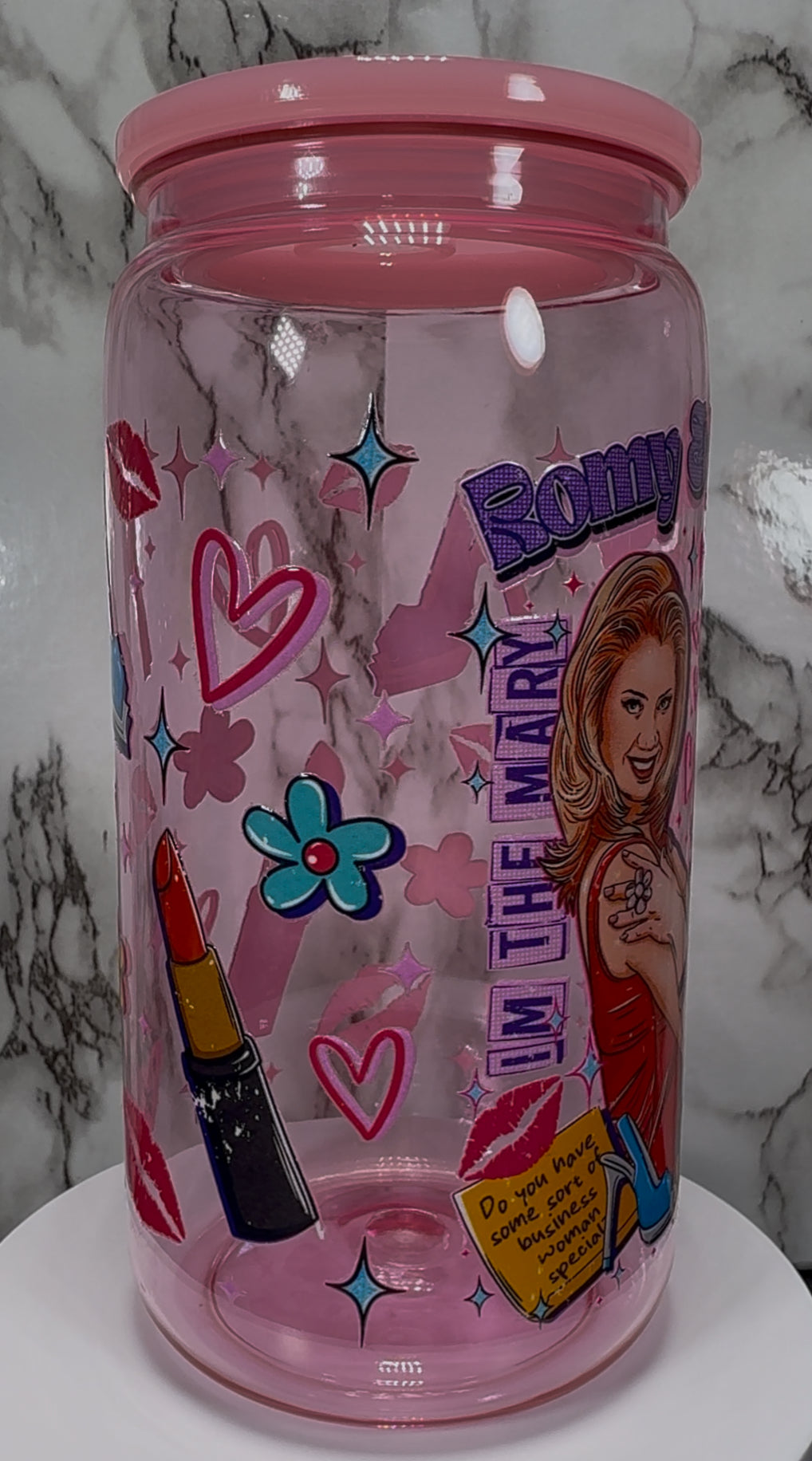 Romy and Michele's High School Reunion UVDTF on a PLASTIC pink beer can cup