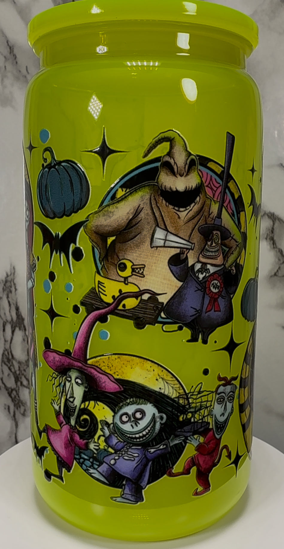 Nightmare Before Christmas UVDTF on a bright yellow PLASTIC beer can cup