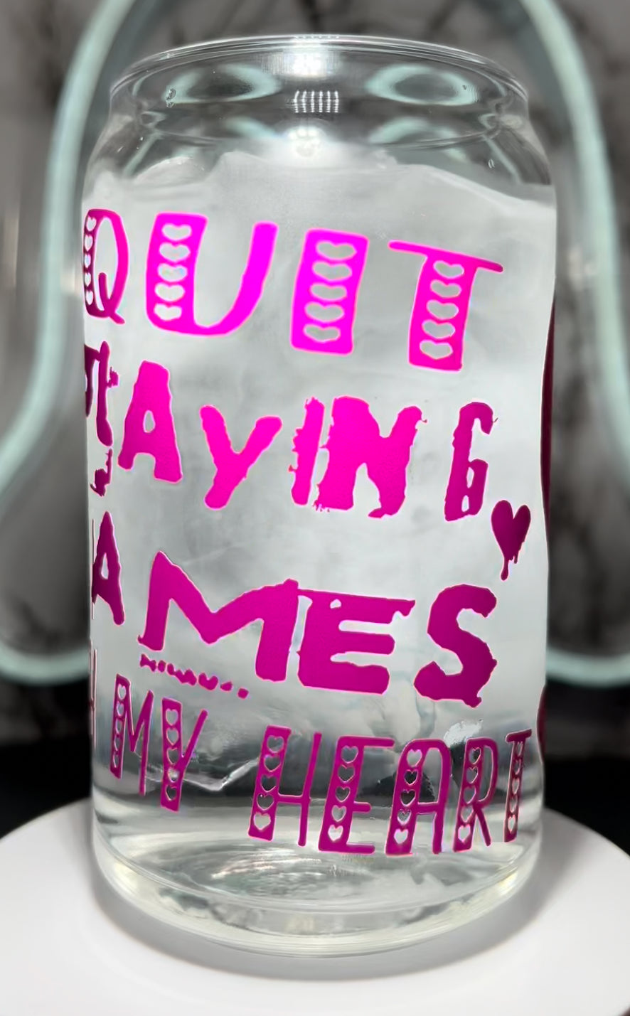 SAW Jigsaw Valentine’s Day color changing permanent vinyl on a libbey beer can glass