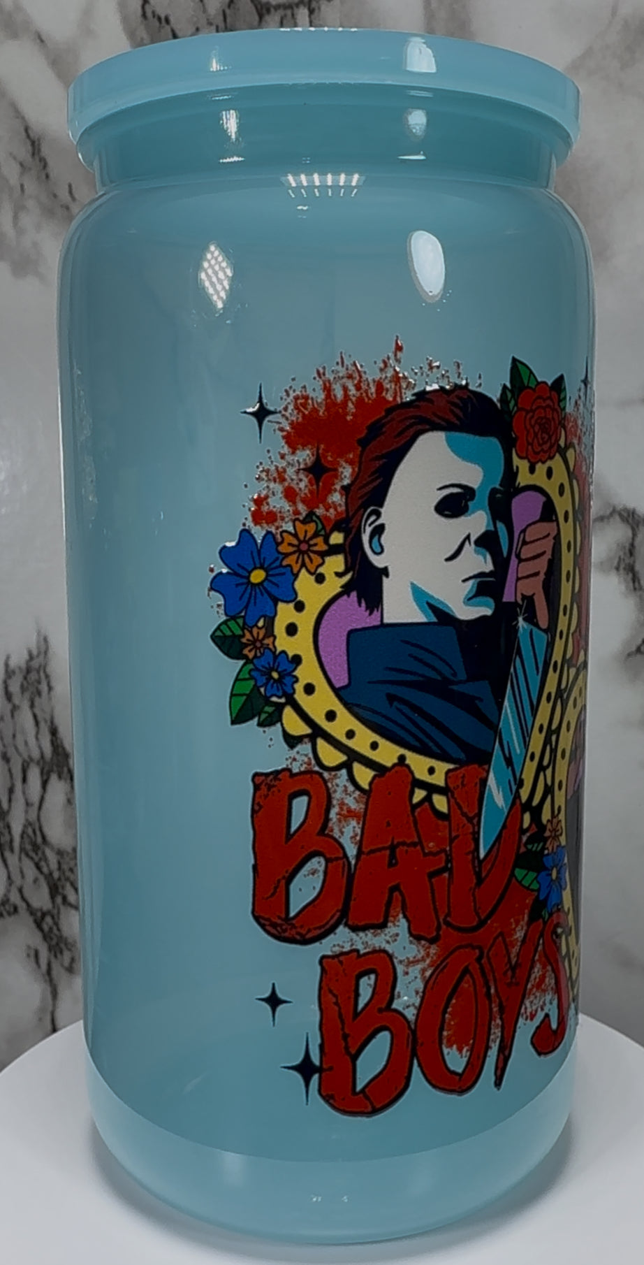 Bad Boys UVDTF on a PLASTIC blue beer can cup