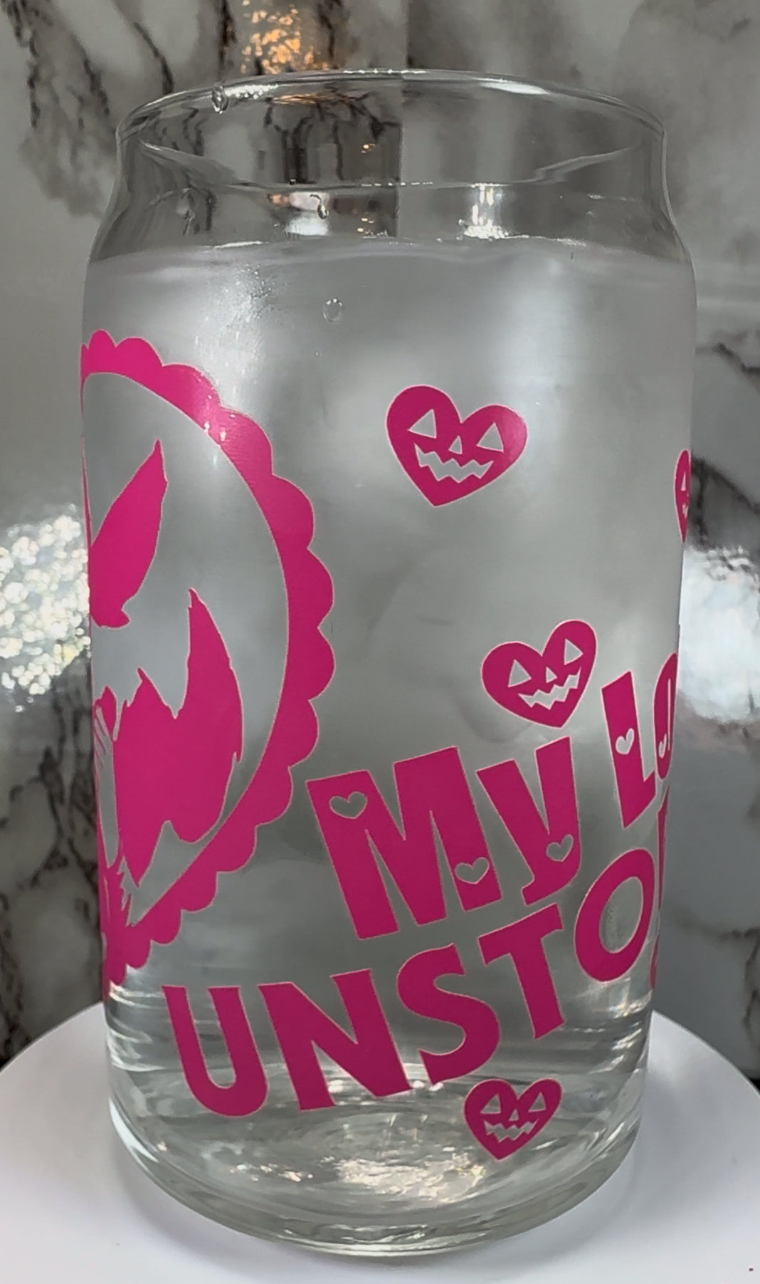 Valentine’s Day Michael Myers Halloween color changing permanent vinyl on a libbey beer can glass
