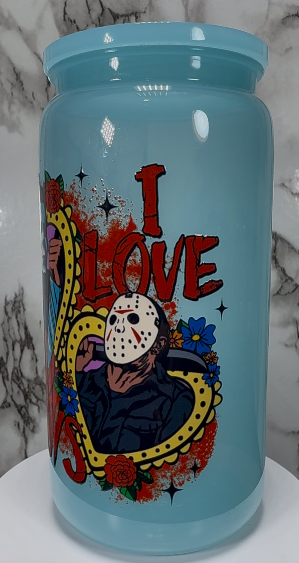 Bad Boys UVDTF on a PLASTIC blue beer can cup