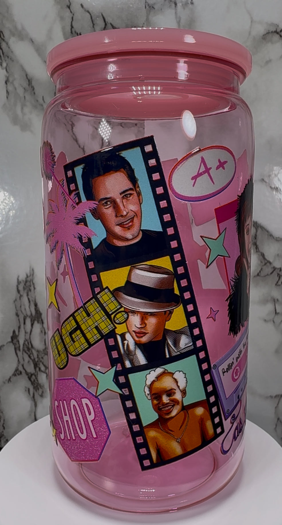 Clueless UVDTF on a pink PLASTIC beer can cup