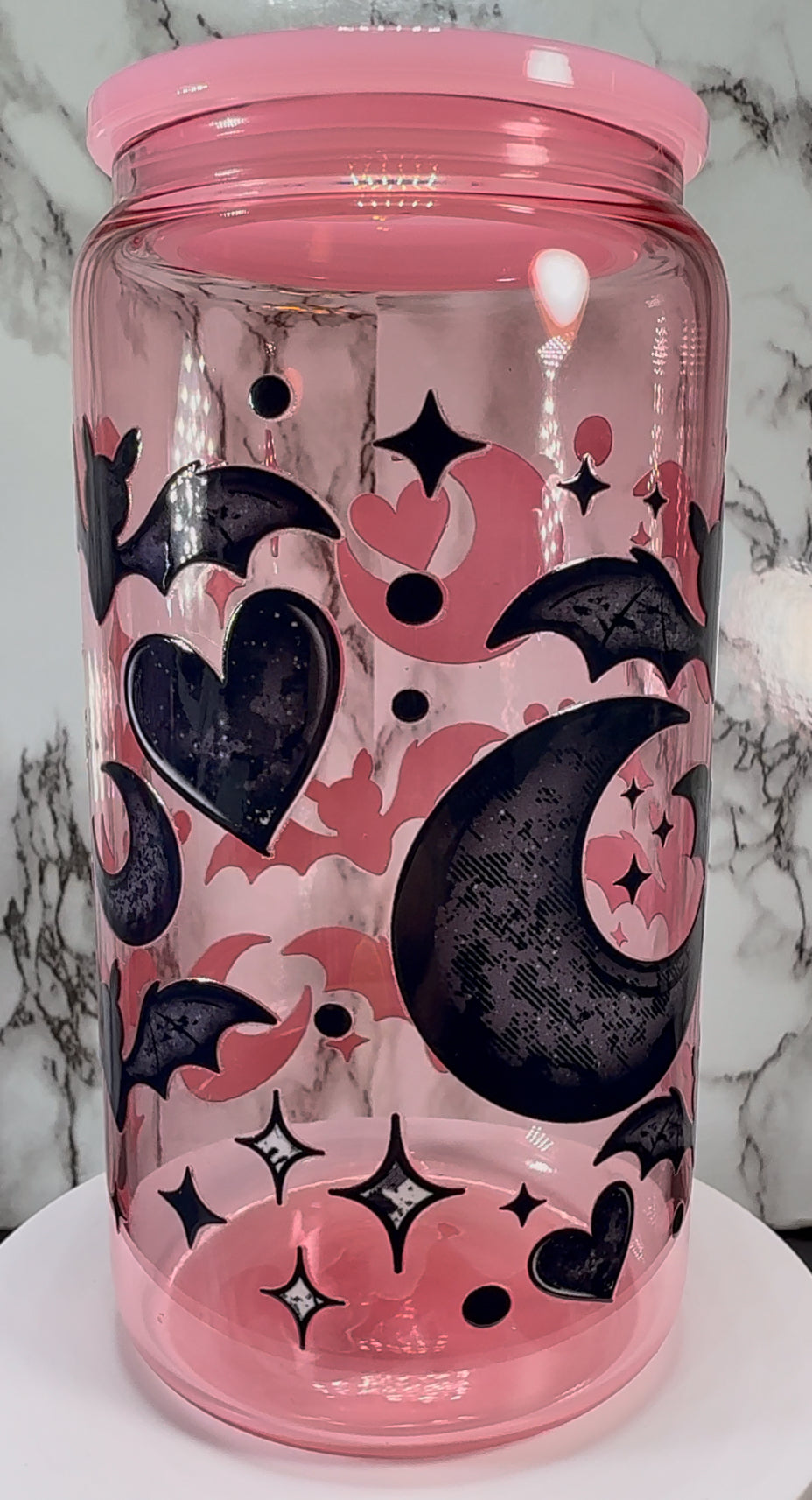 Bats, Hearts & Moons UVDTF on a pink beer can glass