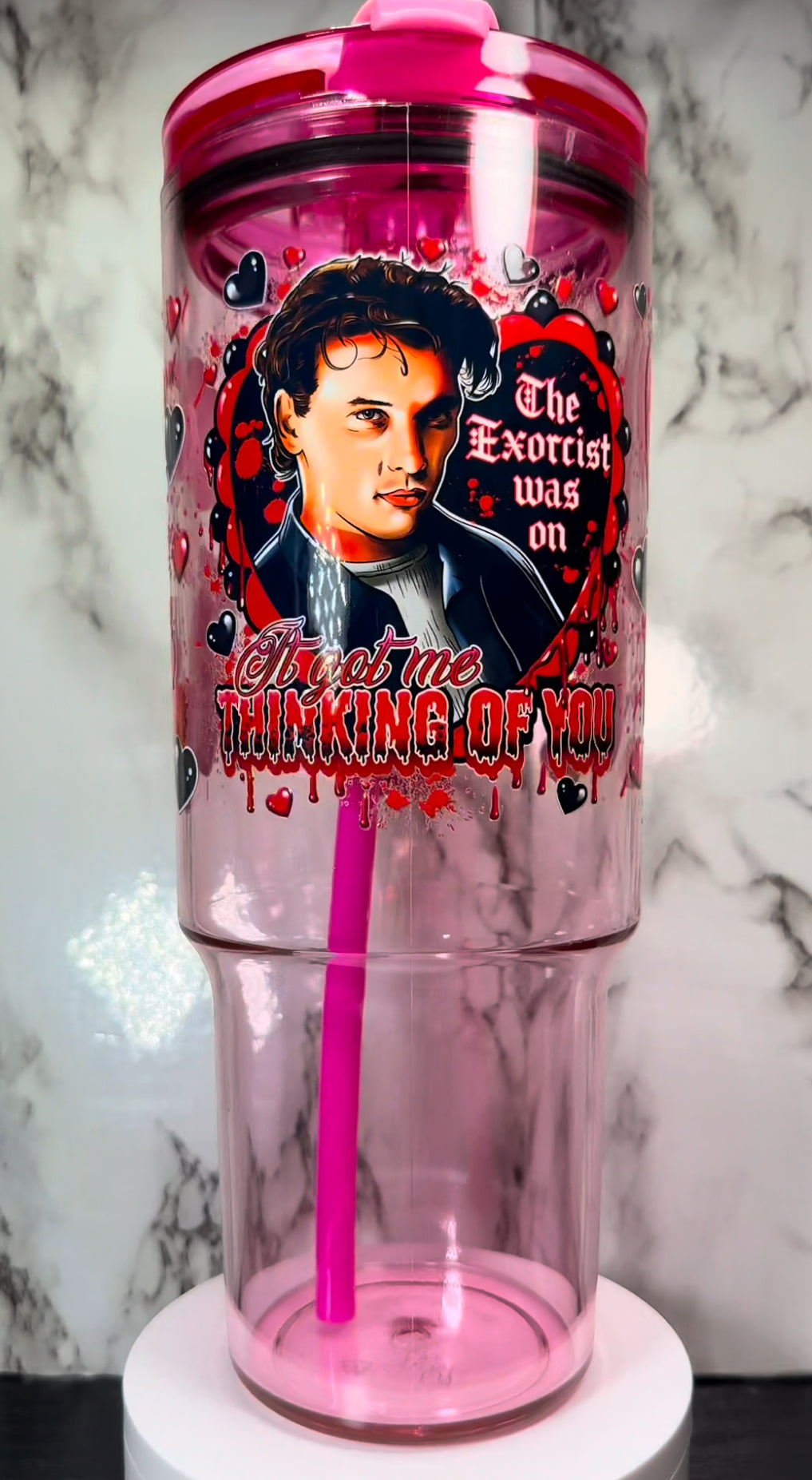 Valentine’s Day Billy Loomis UVDTF on a 40oz pink acrylic tumbler
