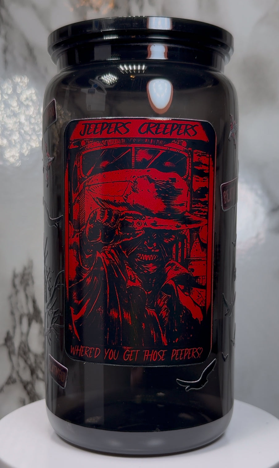 Jeepers Creepers UVDTF on a PLASTIC black beer can cup