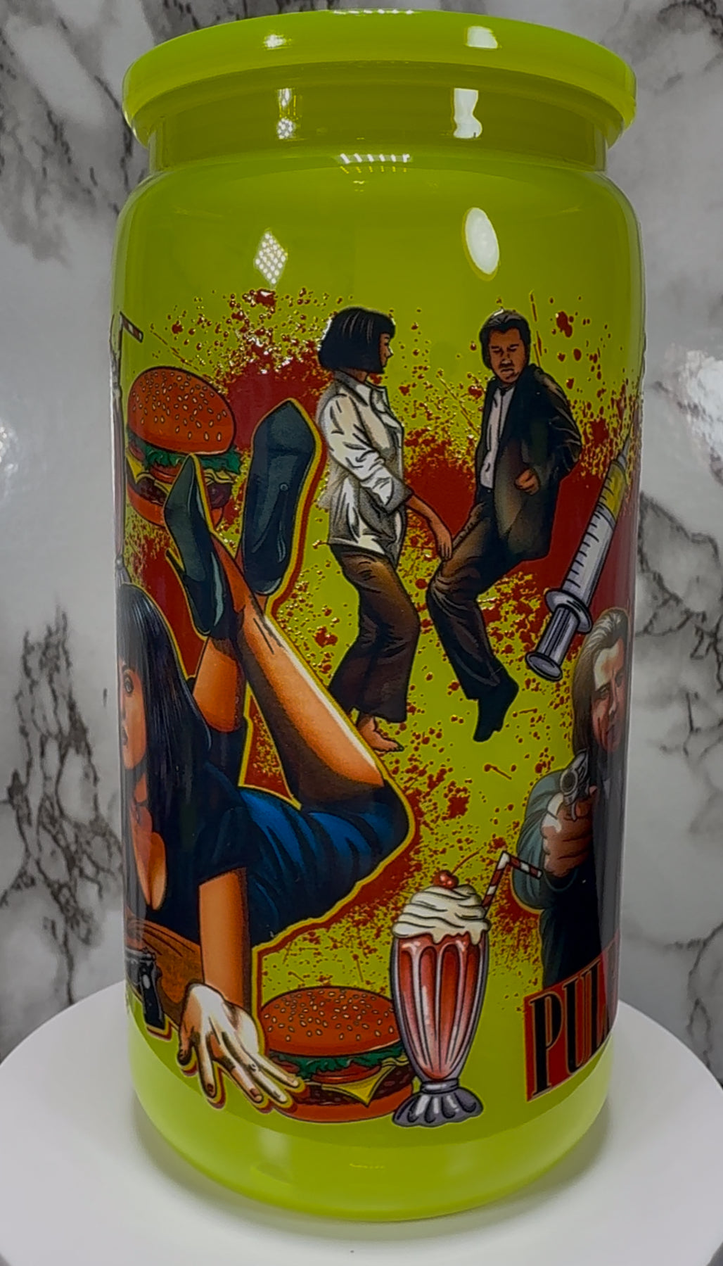 Pulp Fiction UVDTF on a bright yellow PLASTIC beer can cup