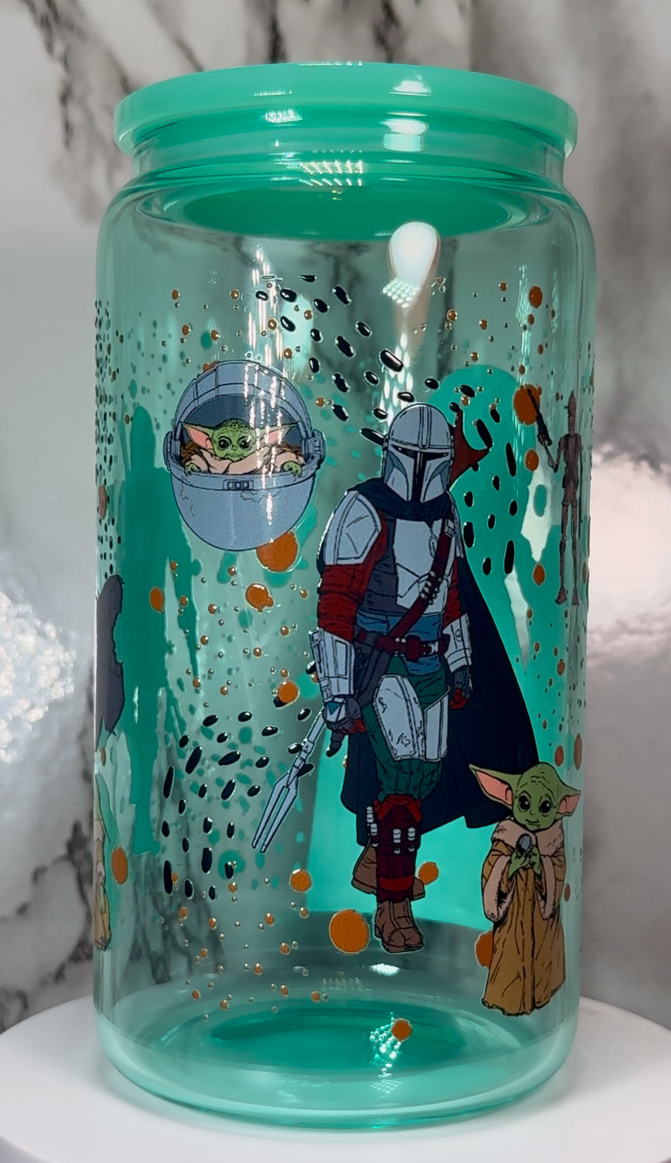 Mandalorian & Grogu Star Wars UVDTF on a teal beer can glass