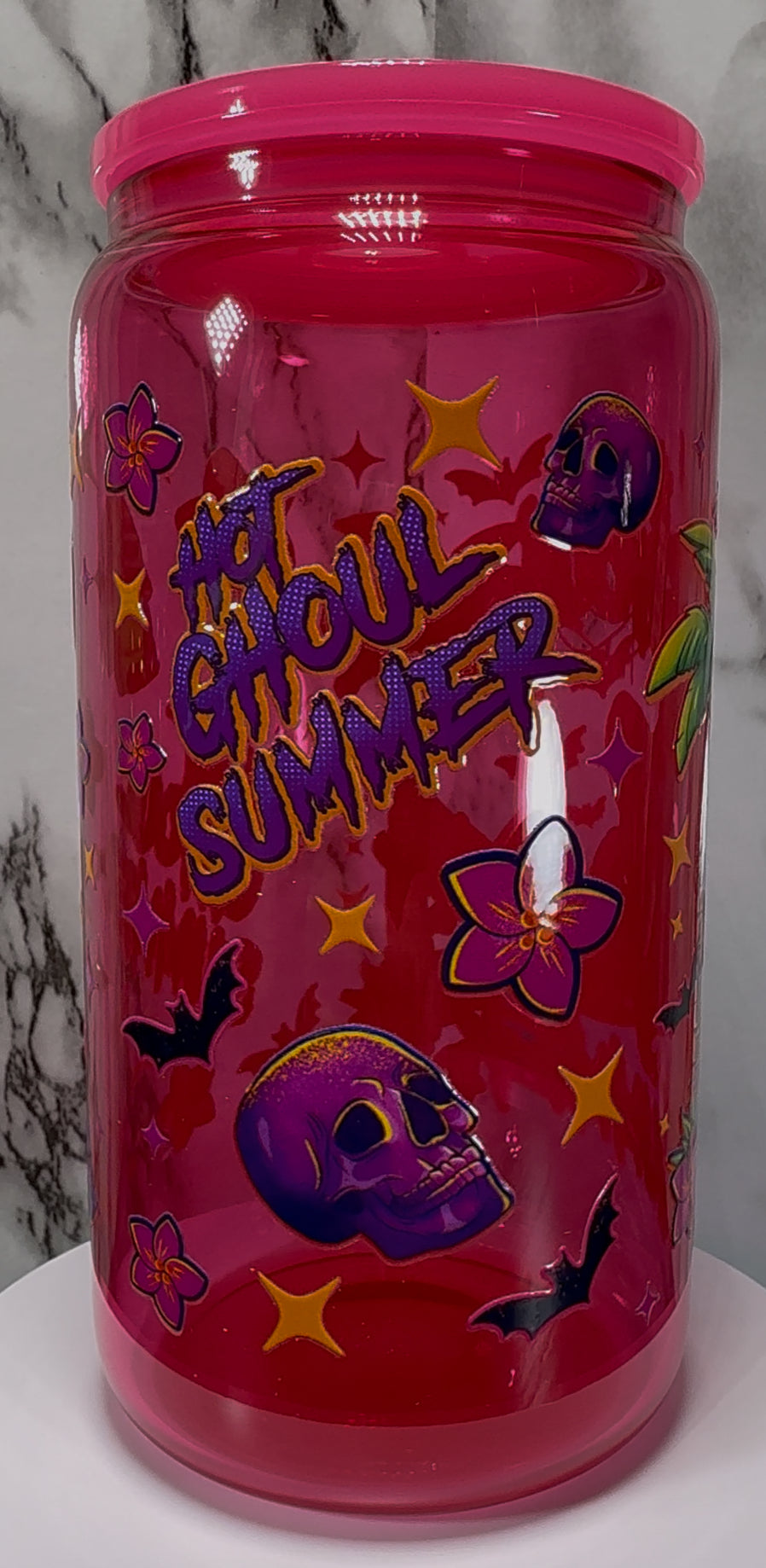 Hot Ghoul Summer UVDTF on a hot pink beer can glass