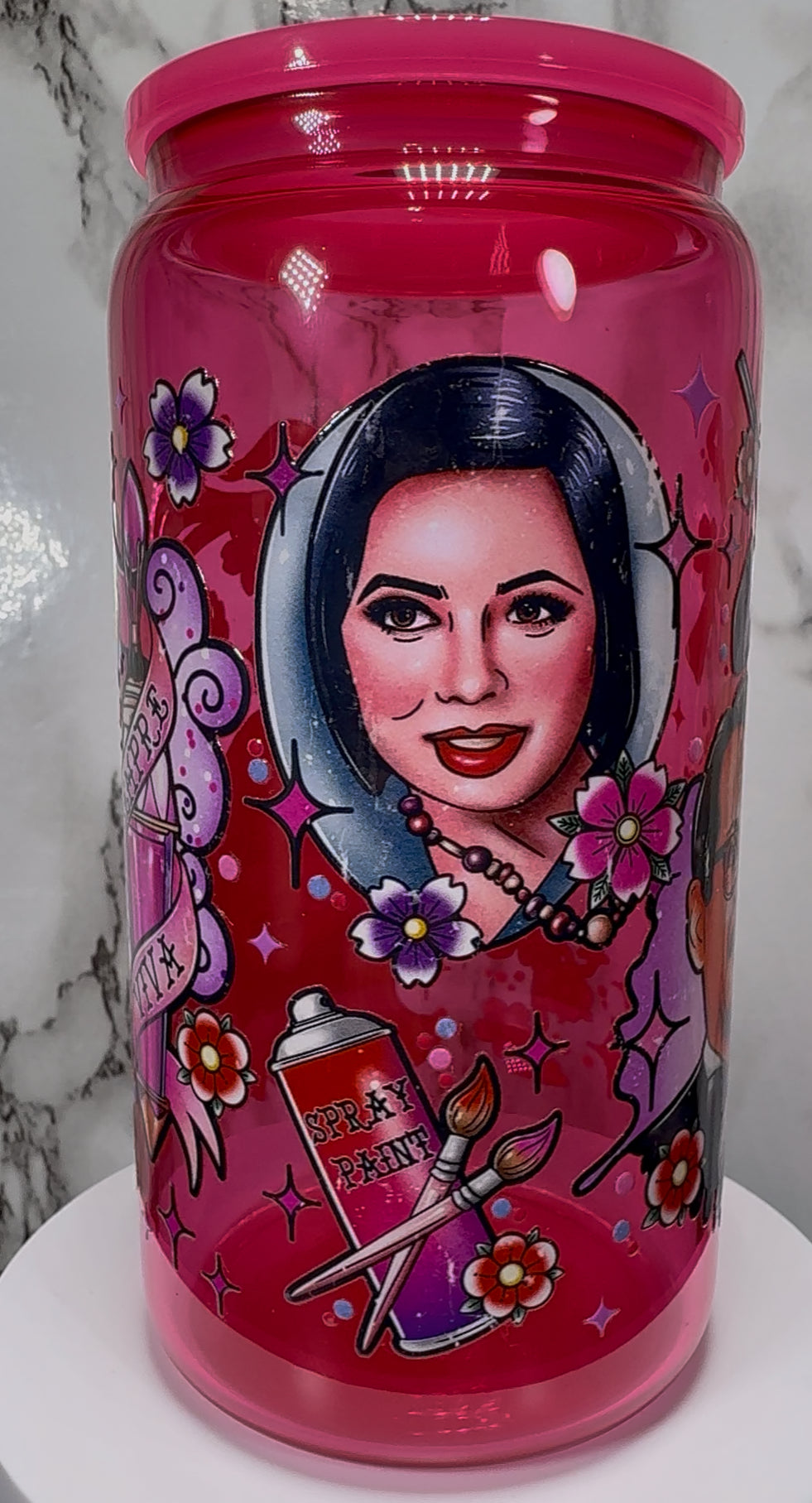 Death Becomes Her UVDTF on a hot pink beer can glass