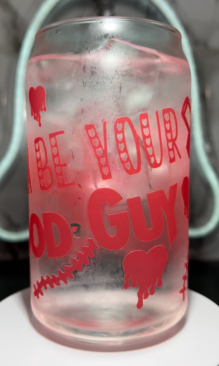 Valentine’s Day Chucky color changing permanent vinyl on a libbey beer can glass