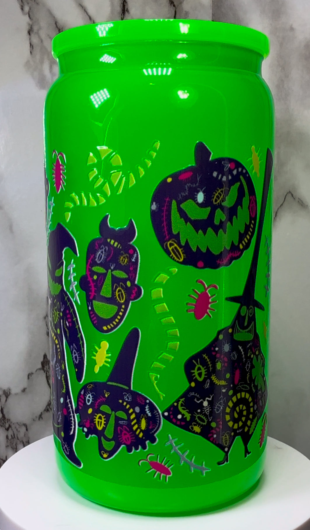 Nightmare Before Christmas UVDTF on a bright green beer can glass