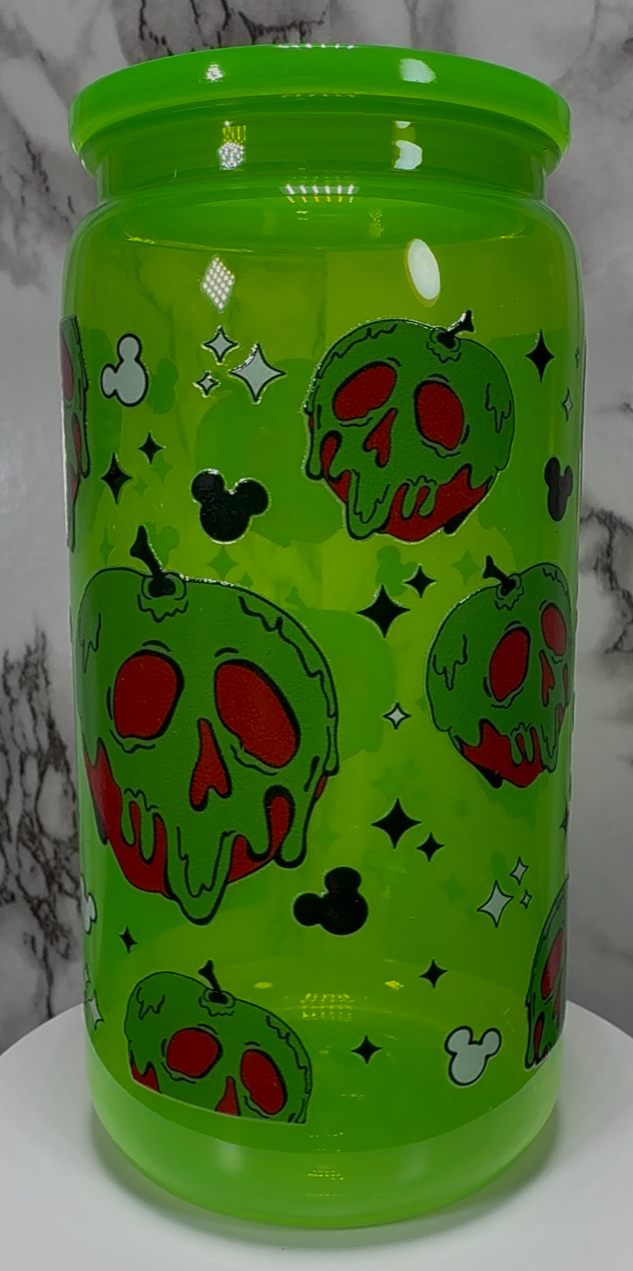 Snow White’s Poison Apple UVDTF on a bright green PLASTIC beer can cup