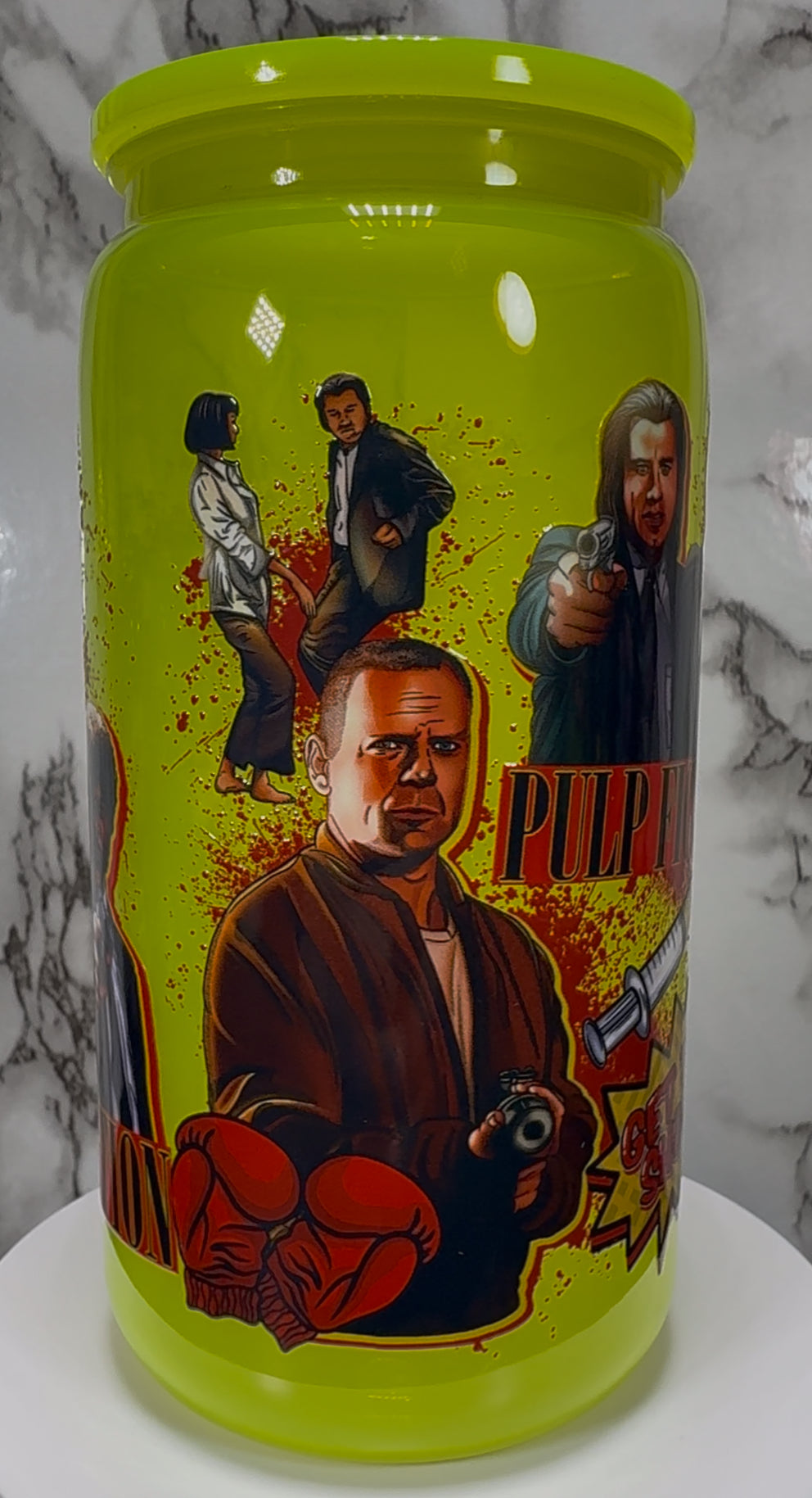 Pulp Fiction UVDTF on a bright yellow PLASTIC beer can cup
