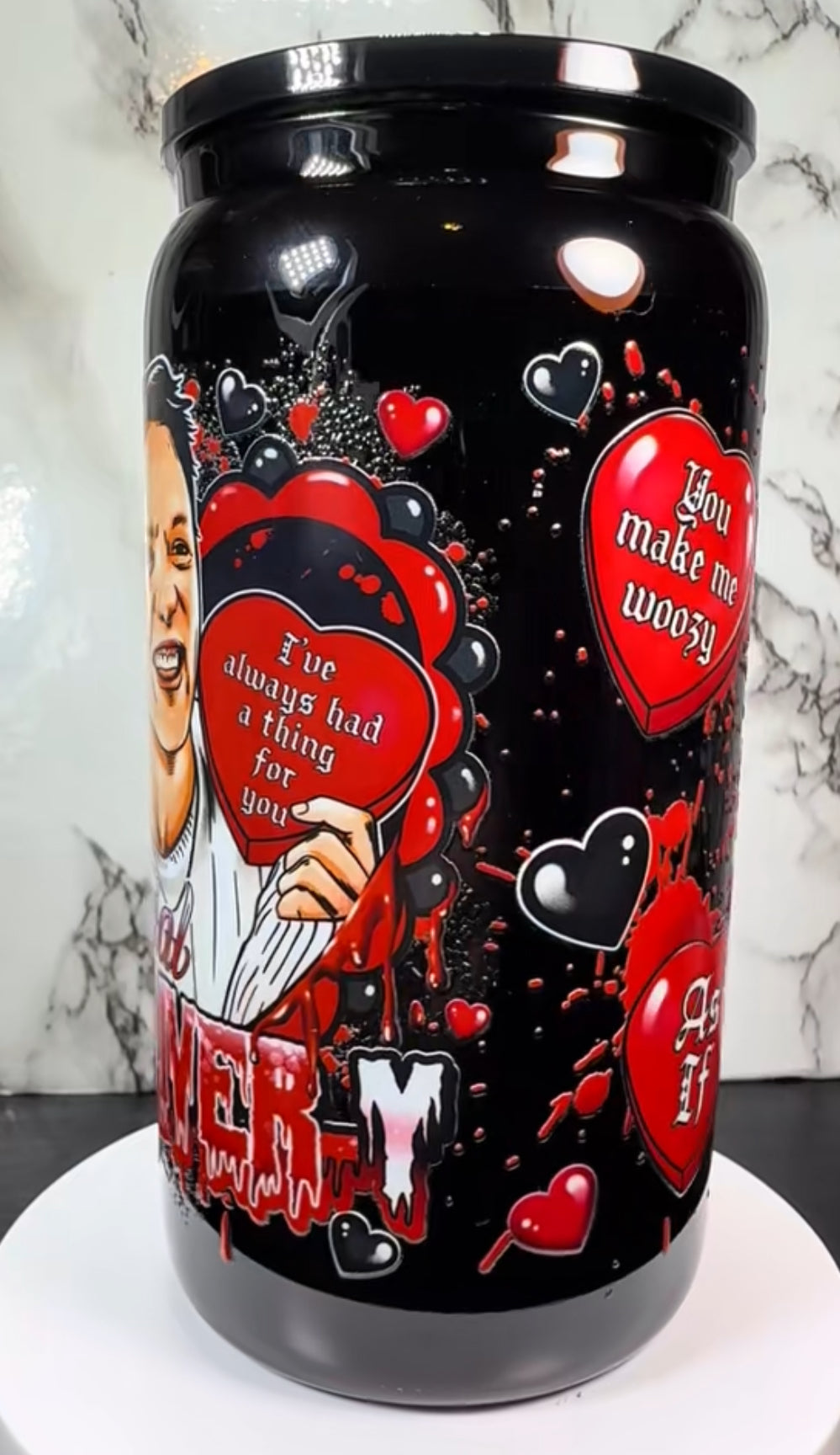 Valentine’s Day Stu Macher UVDTF on a black beer can glass