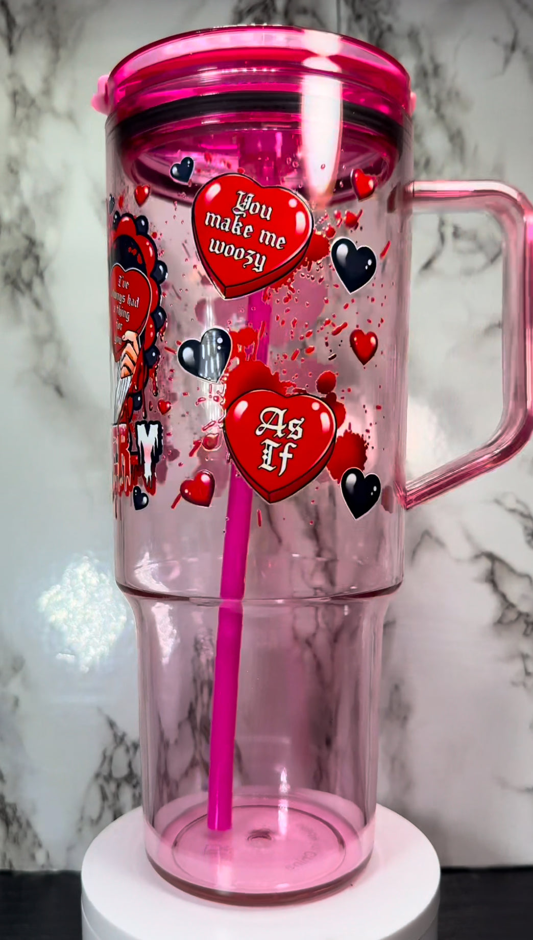 Valentine’s Day Stu Macher UVDTF on a 40oz pink acrylic tumbler