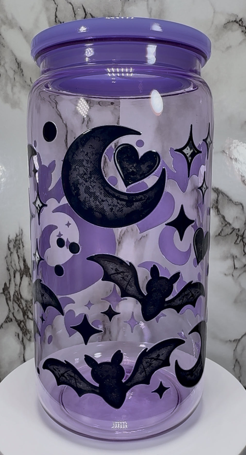 Bats, Moon and Hearts UVDTF on a PLASTIC purple beer can cup