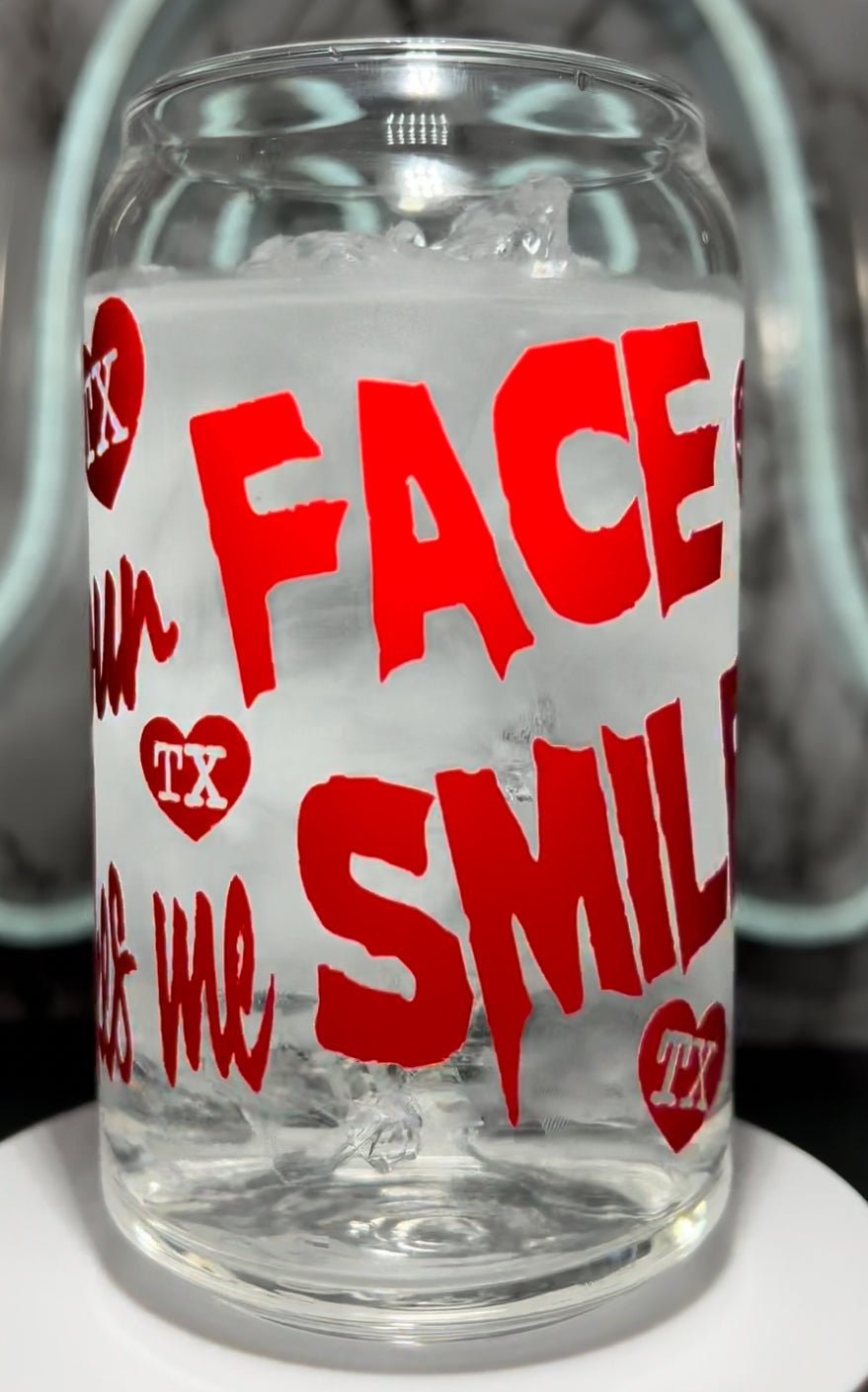 Valentine’s Day Leatherface Texas Chainsaw Massacre color changing permanent vinyl on a libbey beer can glass