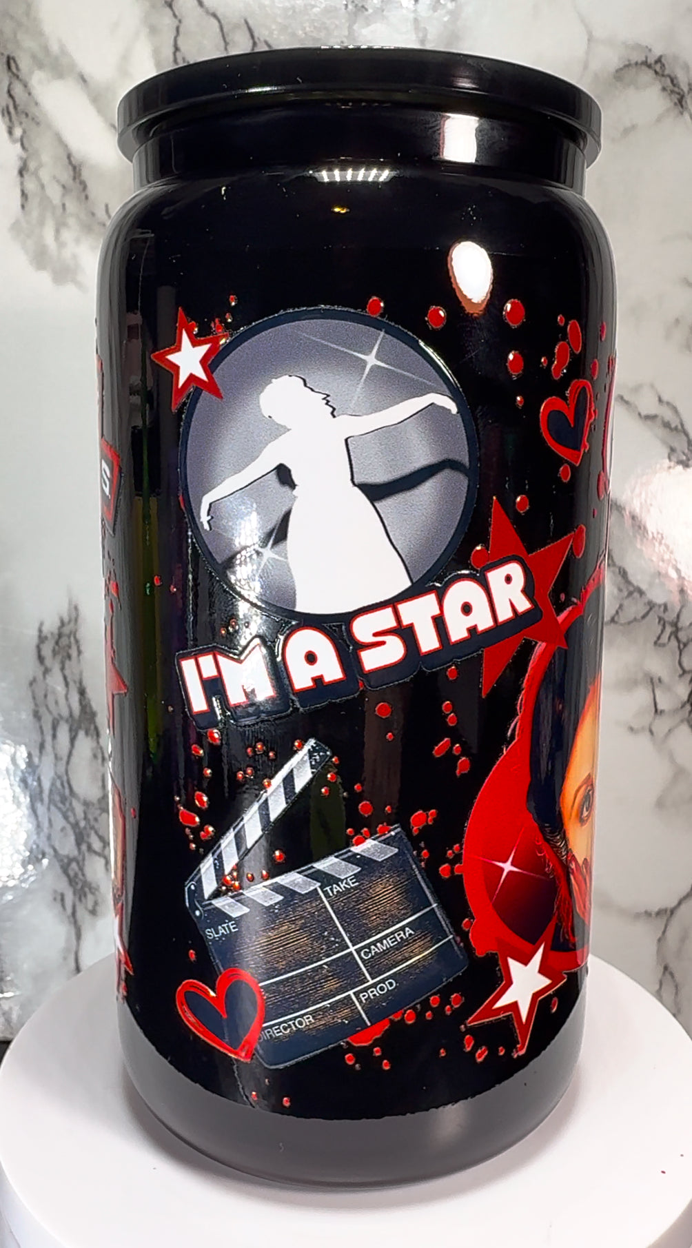 Pearl UVDTF on a black beer can glass