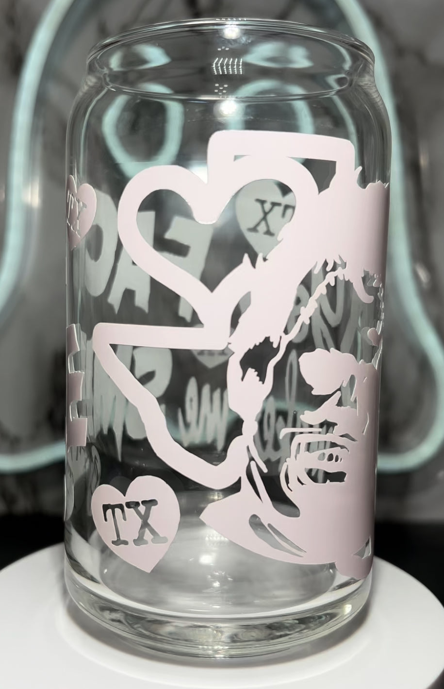 Valentine’s Day Leatherface Texas Chainsaw Massacre color changing permanent vinyl on a libbey beer can glass