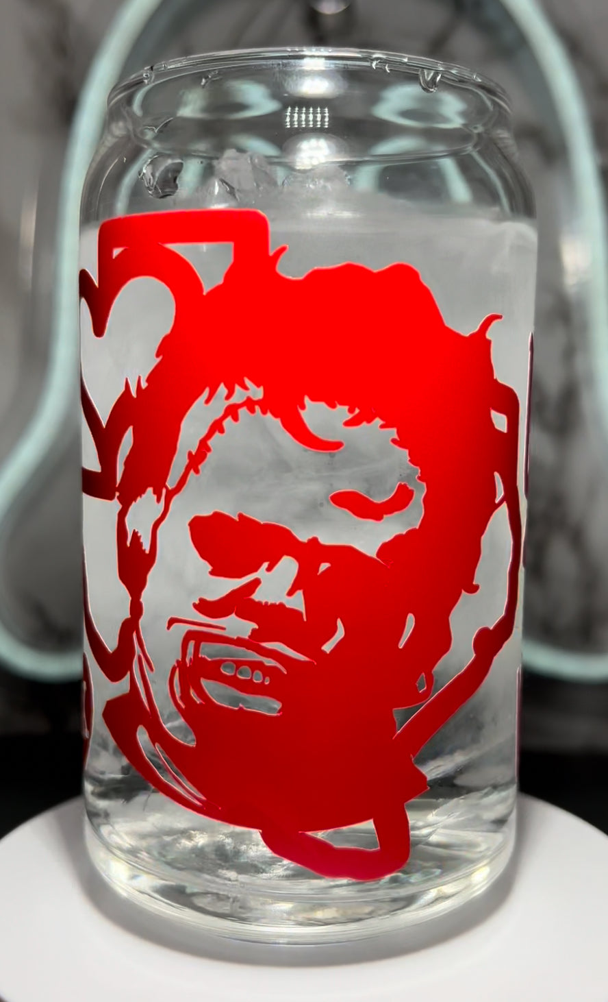 Valentine’s Day Leatherface Texas Chainsaw Massacre color changing permanent vinyl on a libbey beer can glass