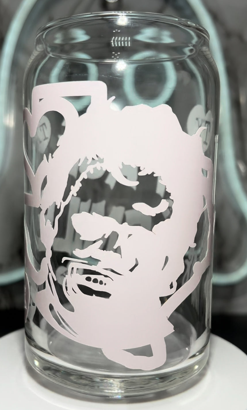 Valentine’s Day Leatherface Texas Chainsaw Massacre color changing permanent vinyl on a libbey beer can glass