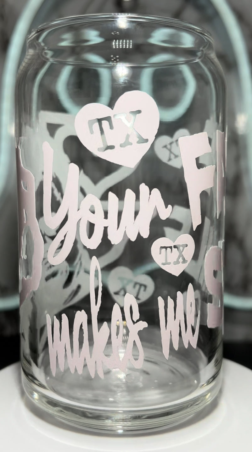 Valentine’s Day Leatherface Texas Chainsaw Massacre color changing permanent vinyl on a libbey beer can glass