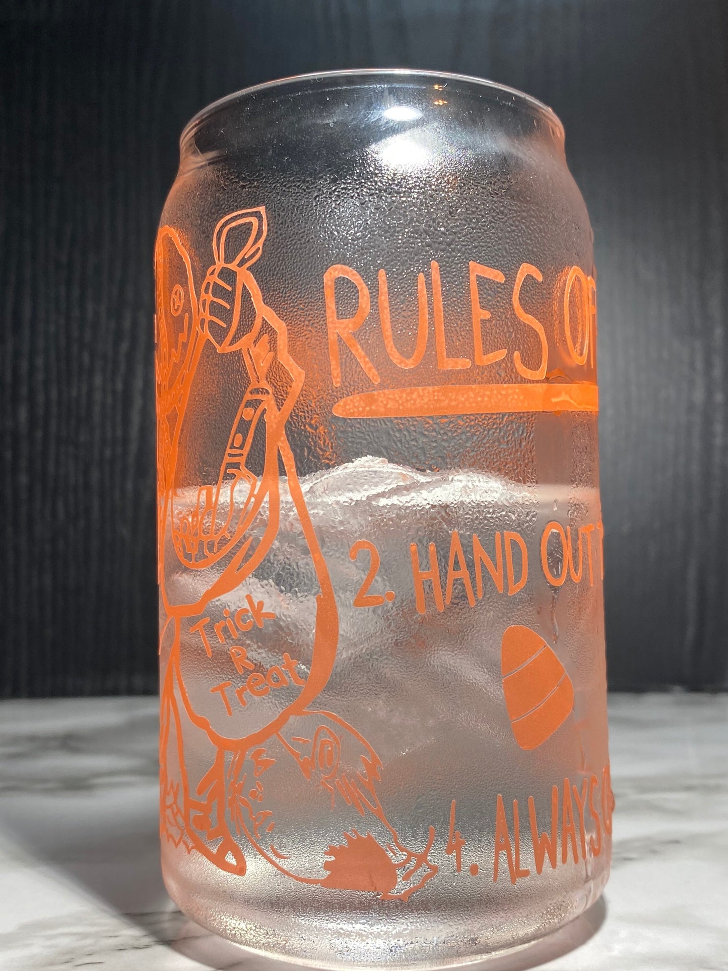 Sam w/bag Design 1 - Cold color orange changing permanent vinyl Trick R Treat Libbey beer can glass