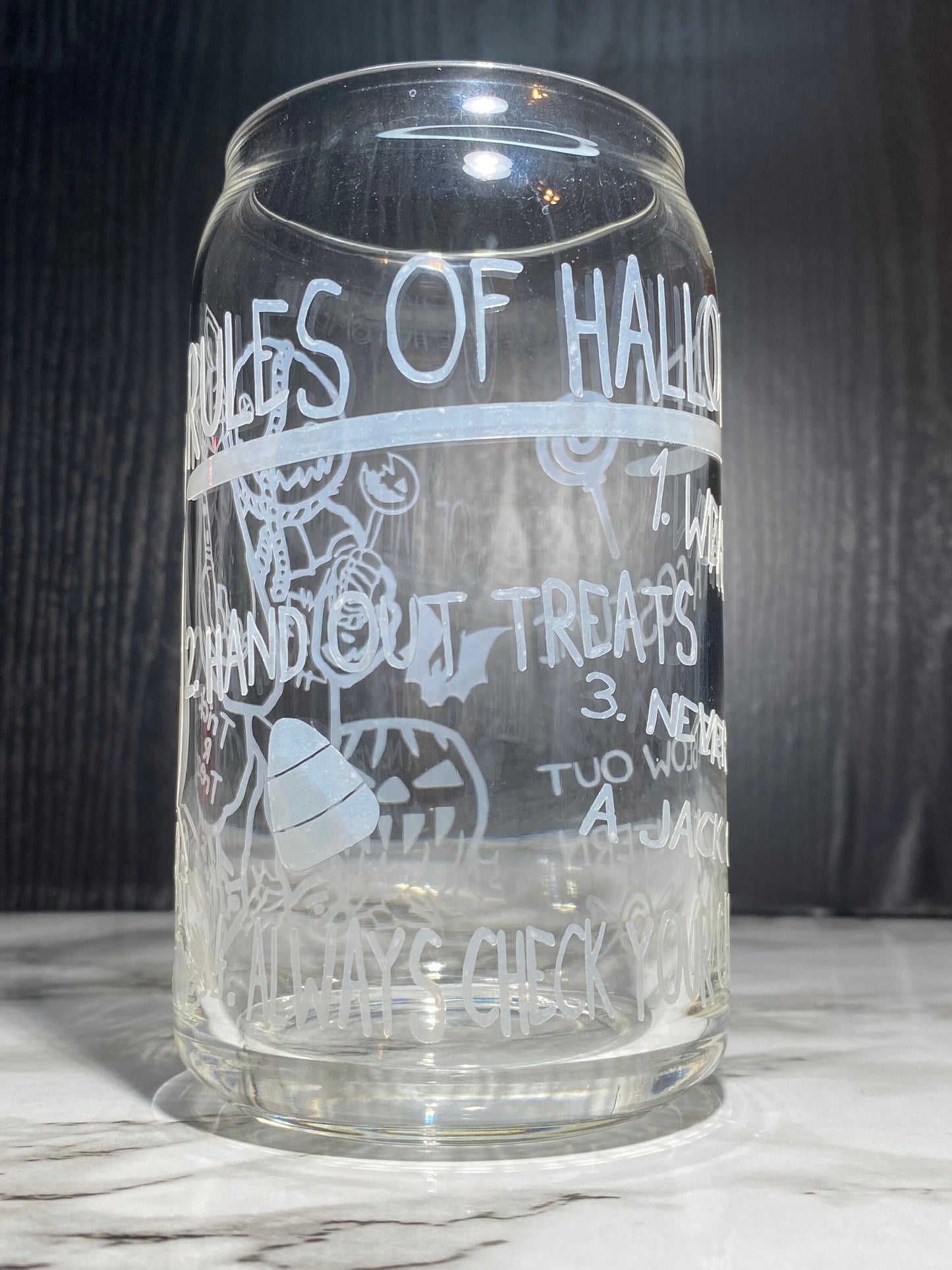 Sam w/bag Design 1 - Cold color orange changing permanent vinyl Trick R Treat Libbey beer can glass