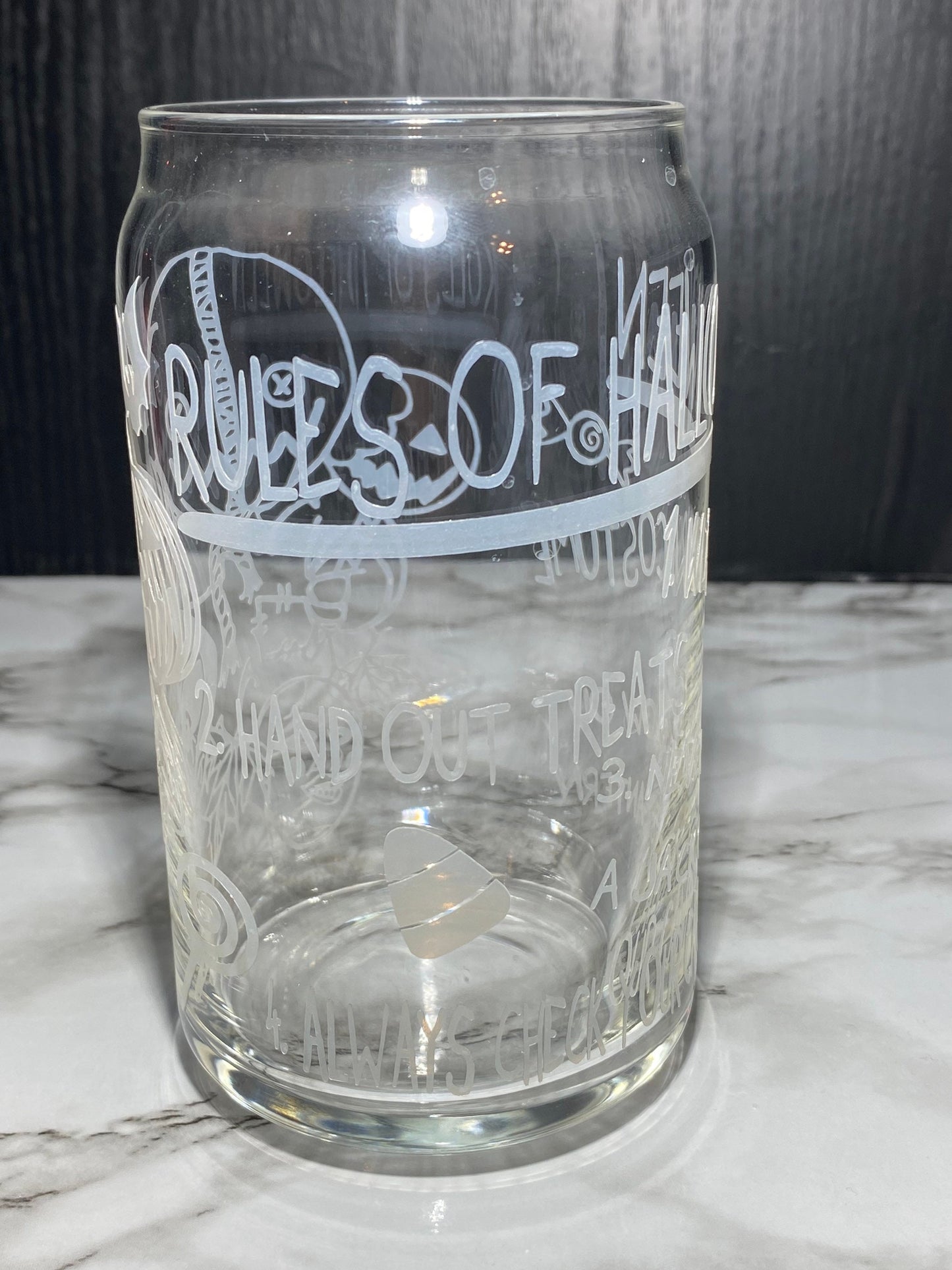 Sam w/masks Design 2 - Cold color orange changing Permanent vinyl Trick R Treat Libbey beer can glass
