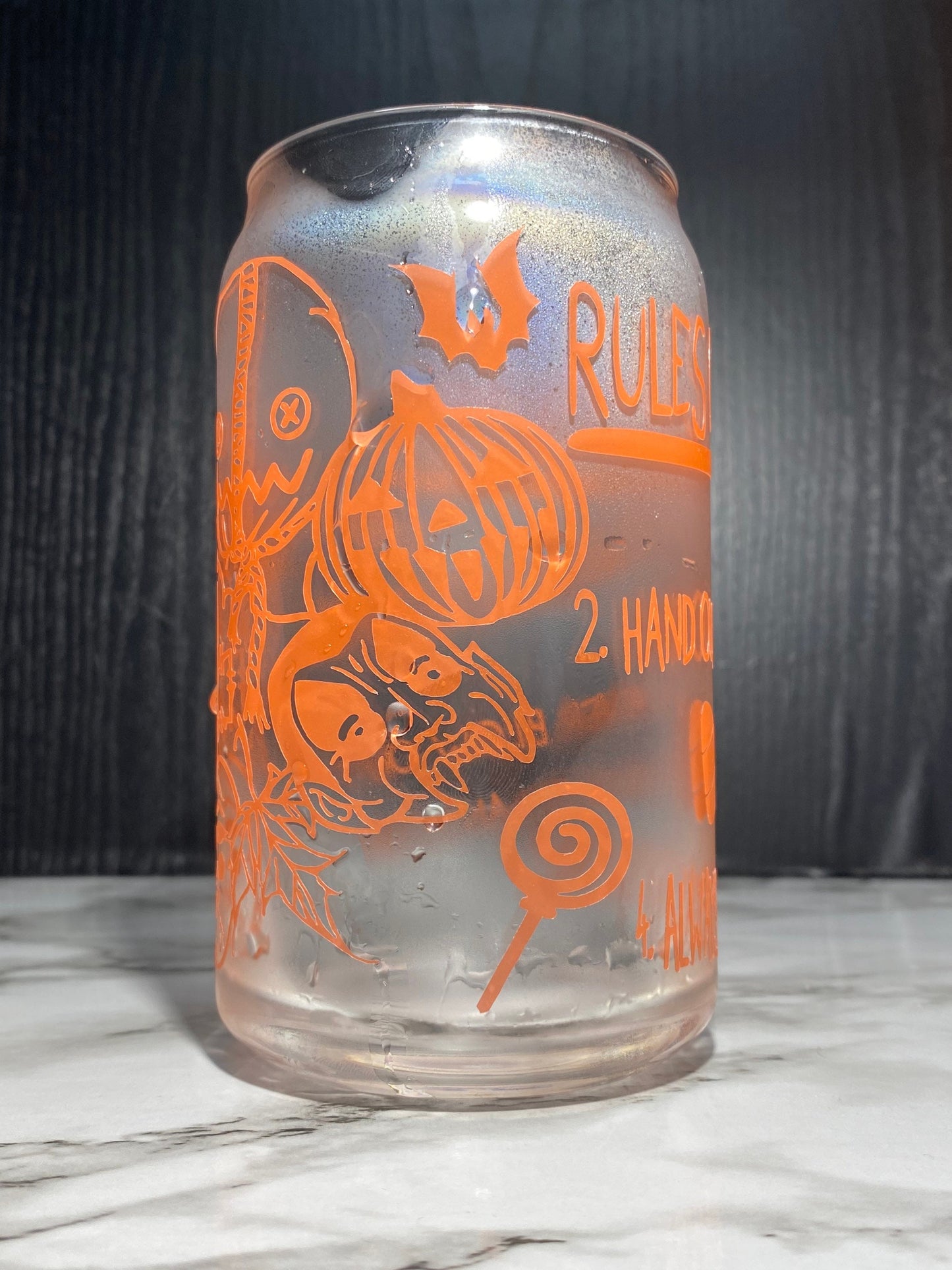 Sam w/masks Design 2 - Cold color orange changing Permanent vinyl Trick R Treat Libbey beer can glass