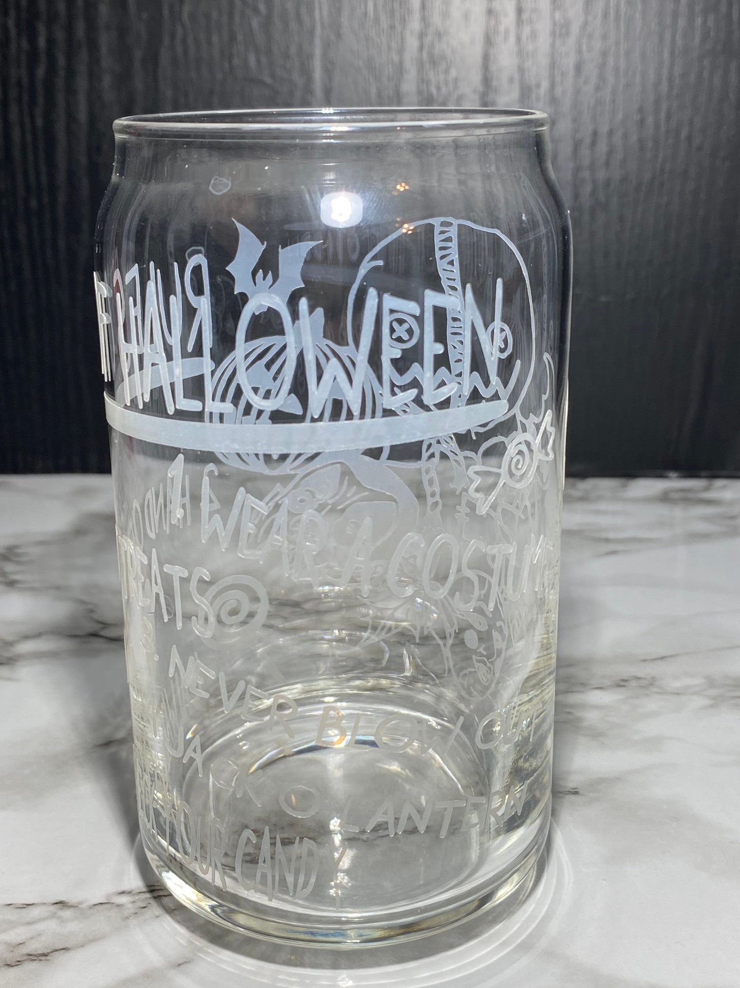 Sam w/masks Design 2 - Cold color orange changing Permanent vinyl Trick R Treat Libbey beer can glass