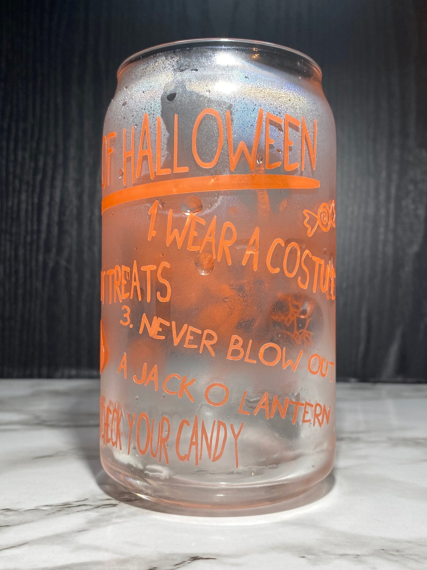 Sam w/masks Design 2 - Cold color orange changing Permanent vinyl Trick R Treat Libbey beer can glass