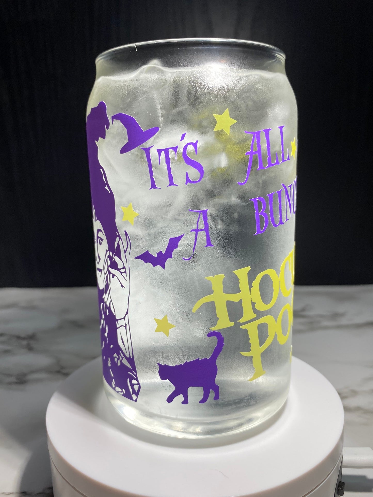 Hocus Pocus cold color purple and yellow changing permanent vinyl svg Libbey beer can glass