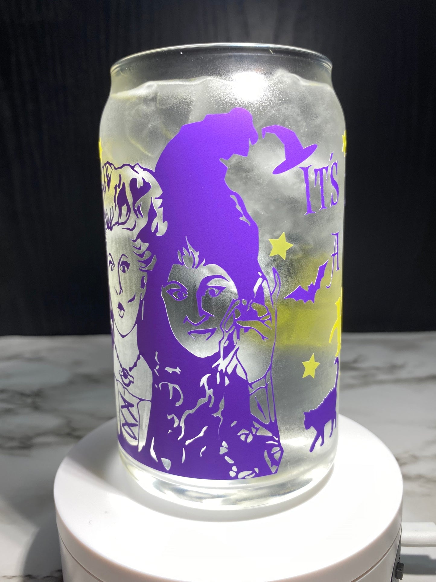 Hocus Pocus cold color purple and yellow changing permanent vinyl svg Libbey beer can glass