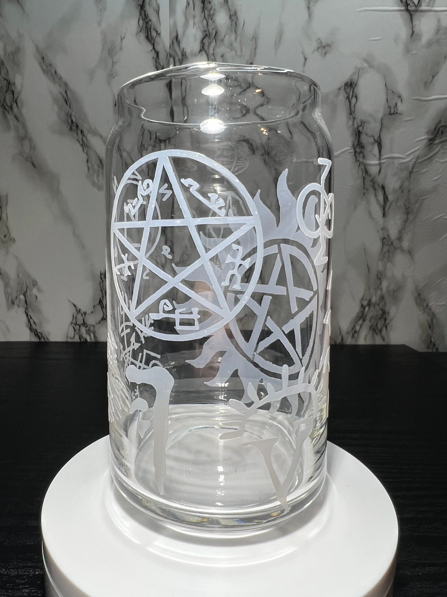 All Red Supernatural sigils color changing permanent vinyl on a libbey beer can glass