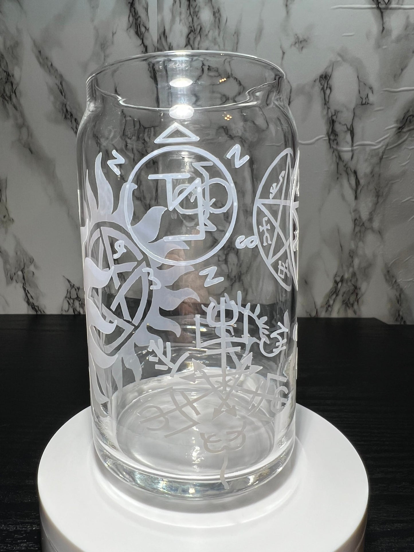 All Red Supernatural sigils color changing permanent vinyl on a libbey beer can glass